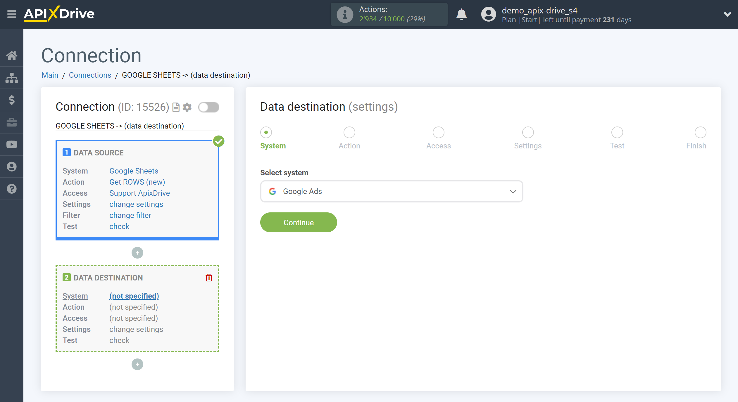 How to Connect Google Ads as Data Destination | System selection