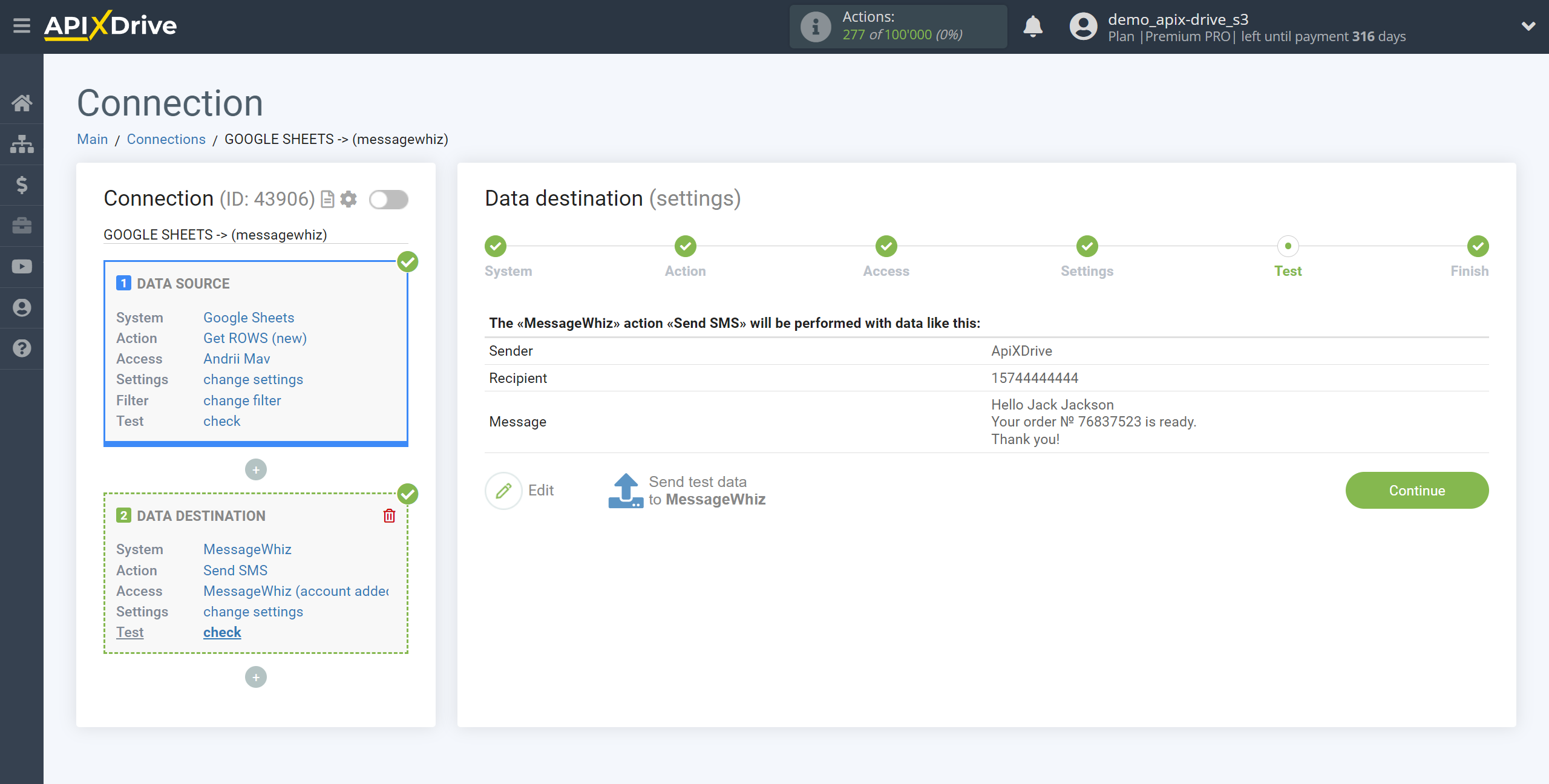 How to Connect MessageWhiz as Data Destination | Test data