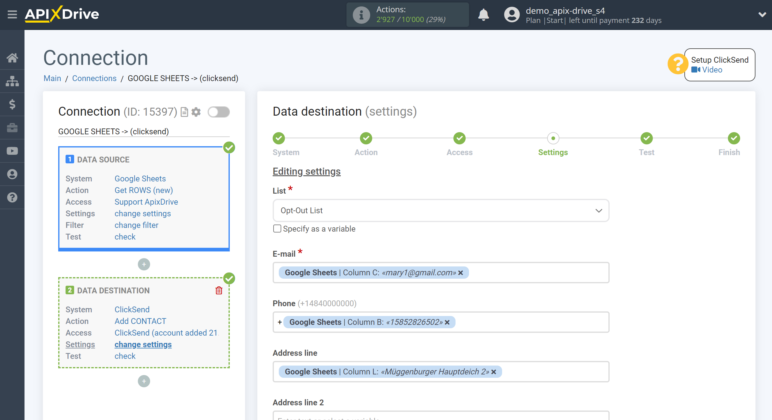 How to Connect ClickSend as Data Destination | Assigning fields