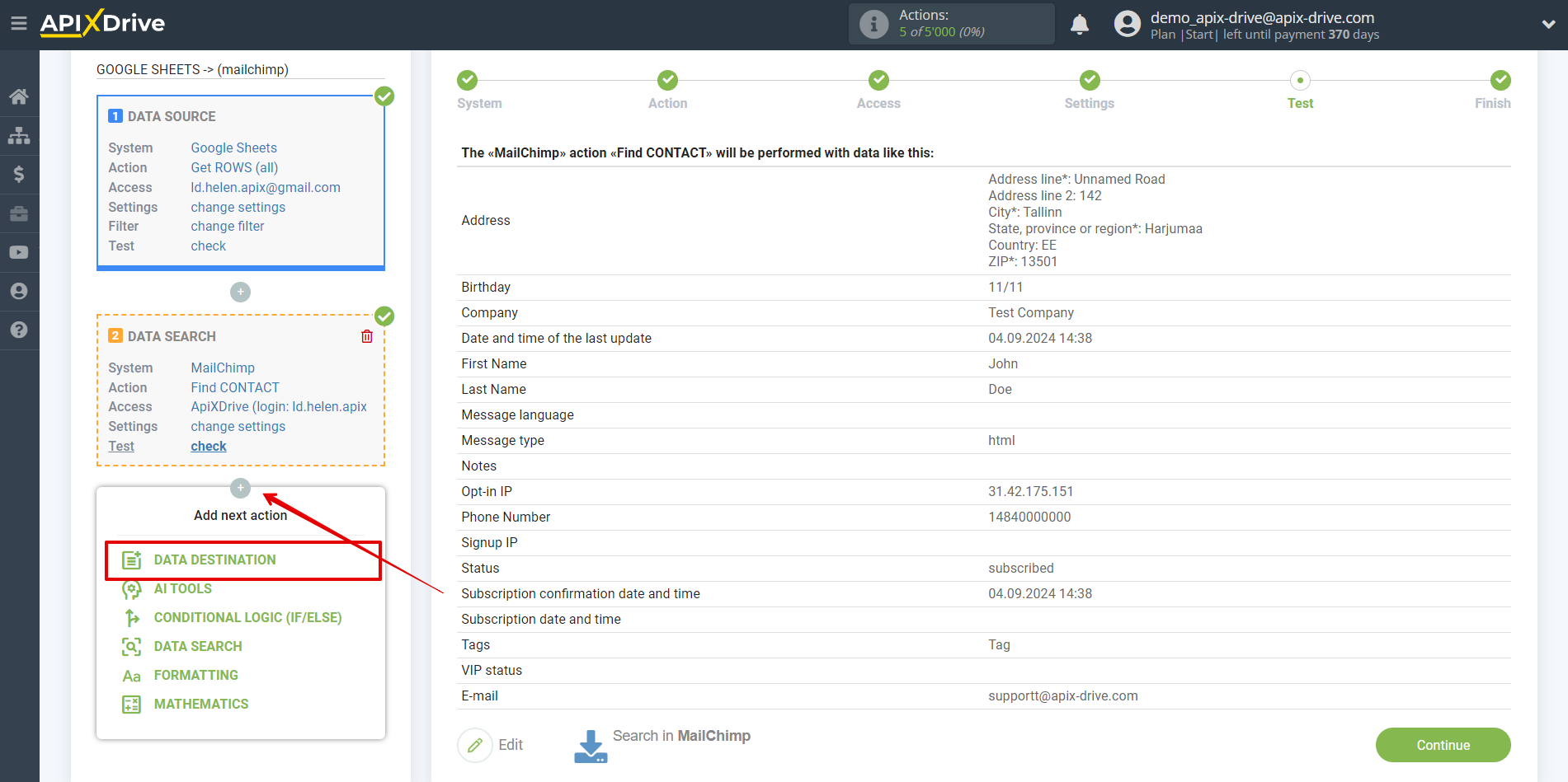 Setting up MailChimp  Contact Search in Google Sheets | Setup Data Destination system