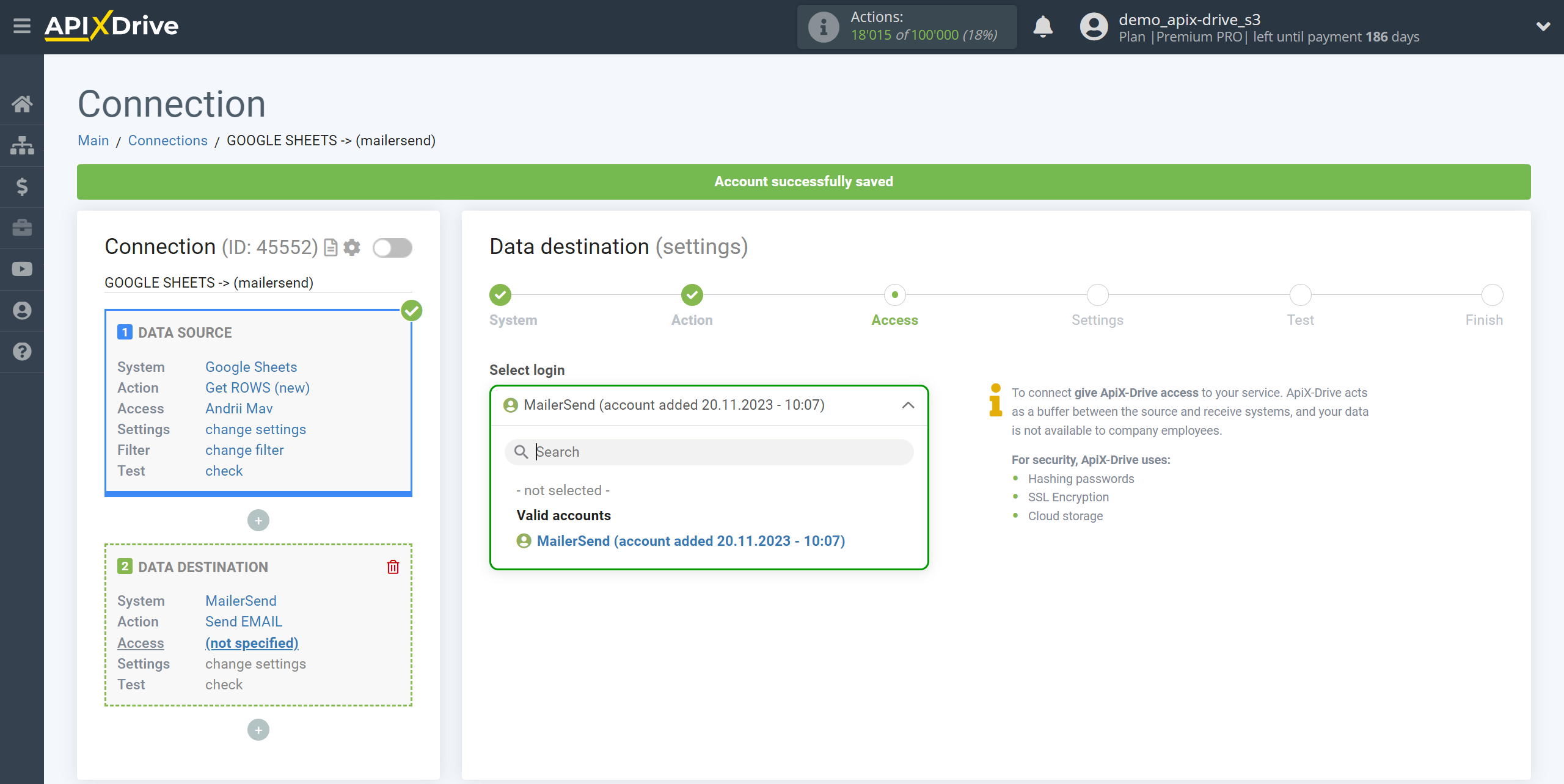 How to Connect MailerSend as Data Destination | Account selection