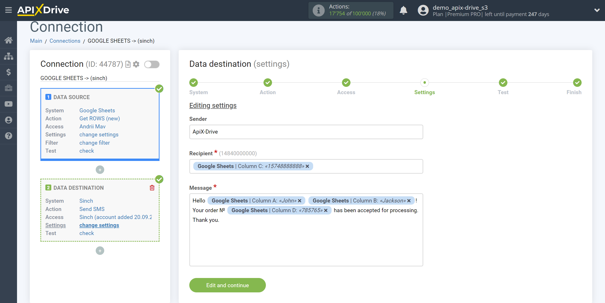 How to Connect Sinch as Data Destination | Assigning fields