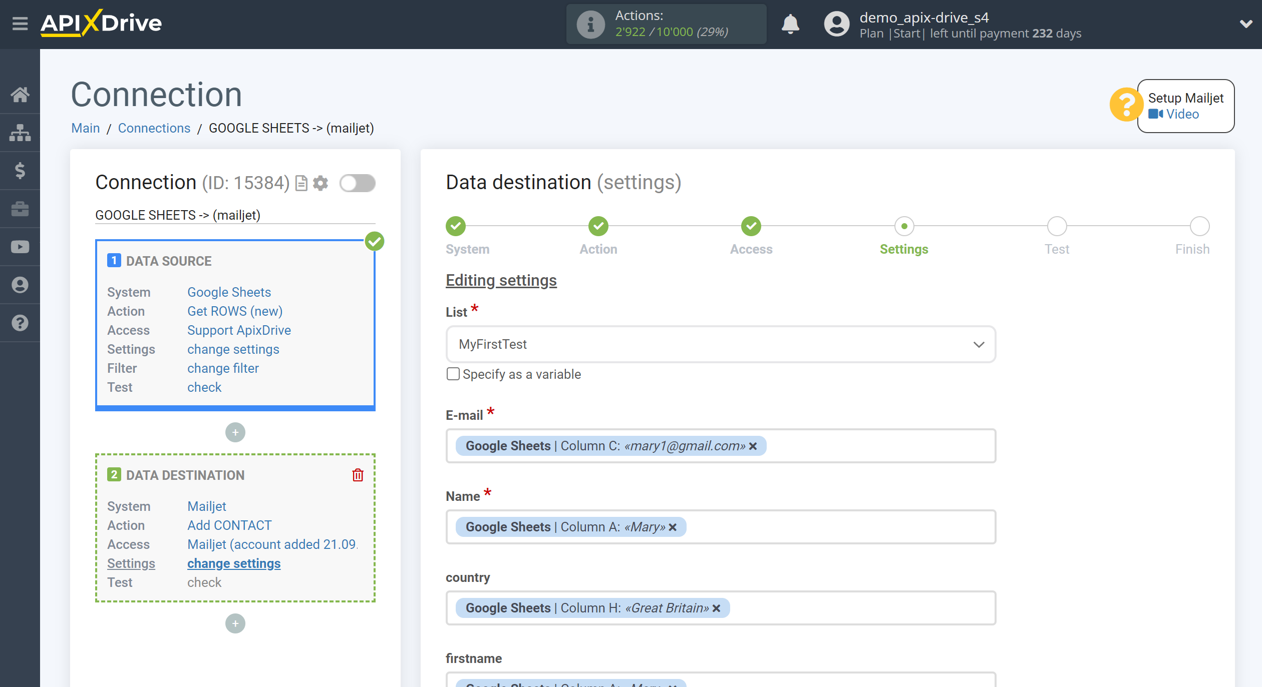 How to Connect Mailjet as Data Destination | Assigning fields