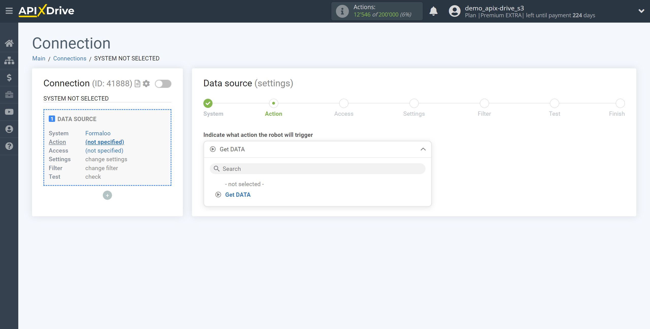 How to Connect Formaloo as Data Source | Action selection