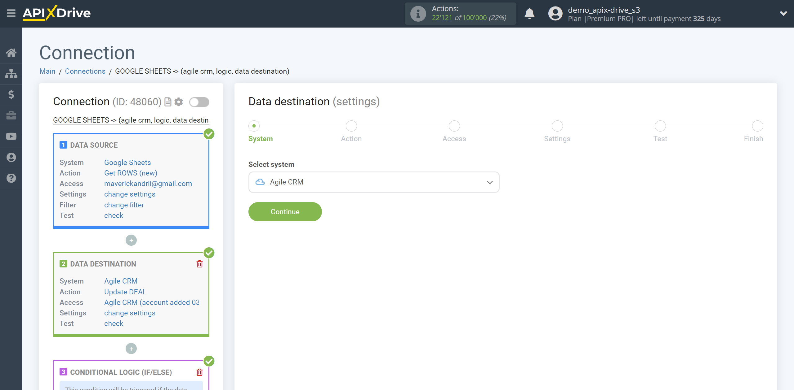 How to setup AgileCRM Update Deal / Create Deal | System selection a Data Destination