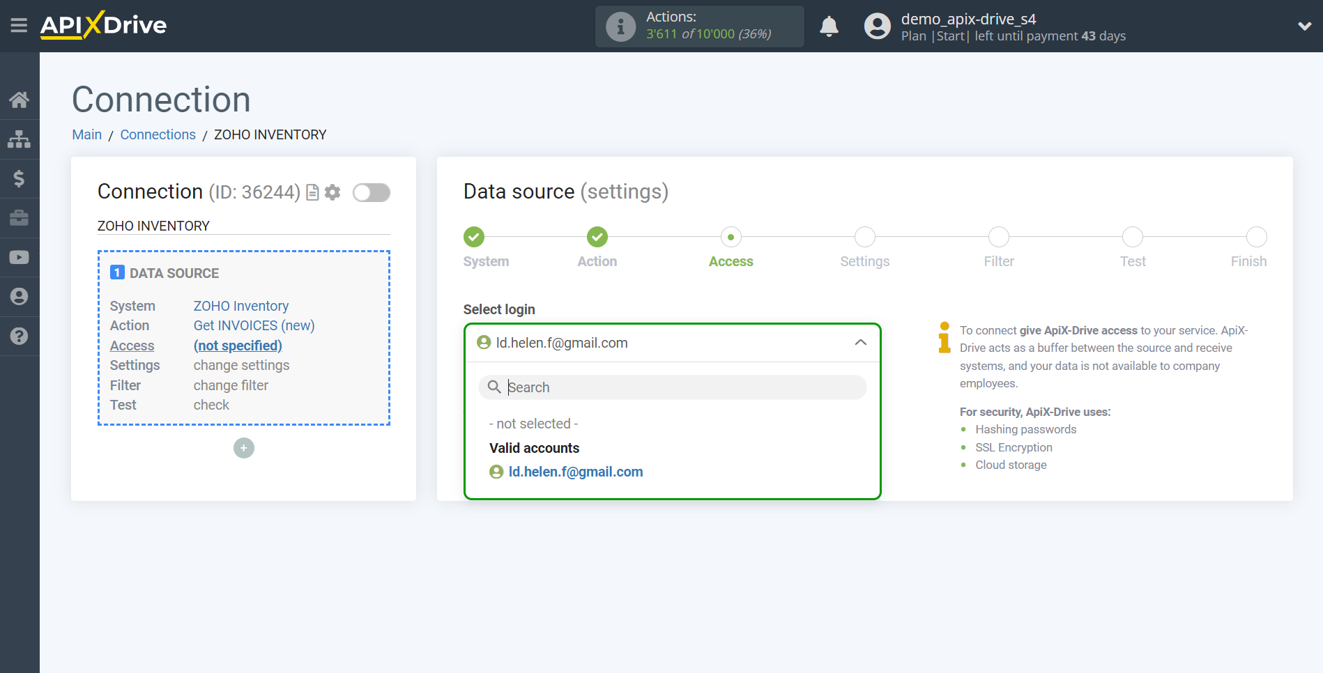 How to Connect Zoho Inventory as Data Source | Account selection