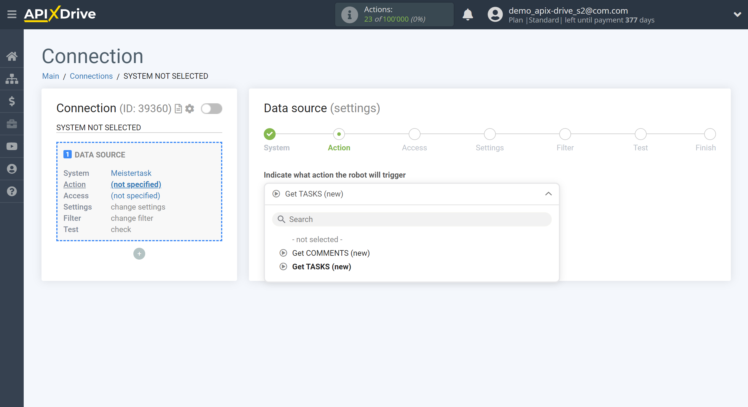 How to Connect MeisterTask as Data Source | Action selection