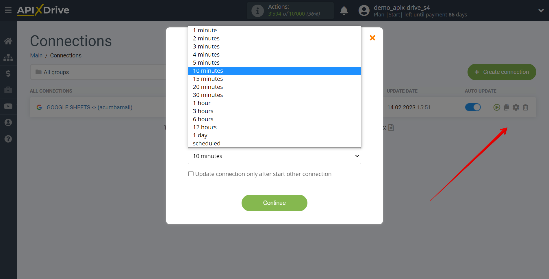 How to Connect Acumbamail as Data Destination | Update interval