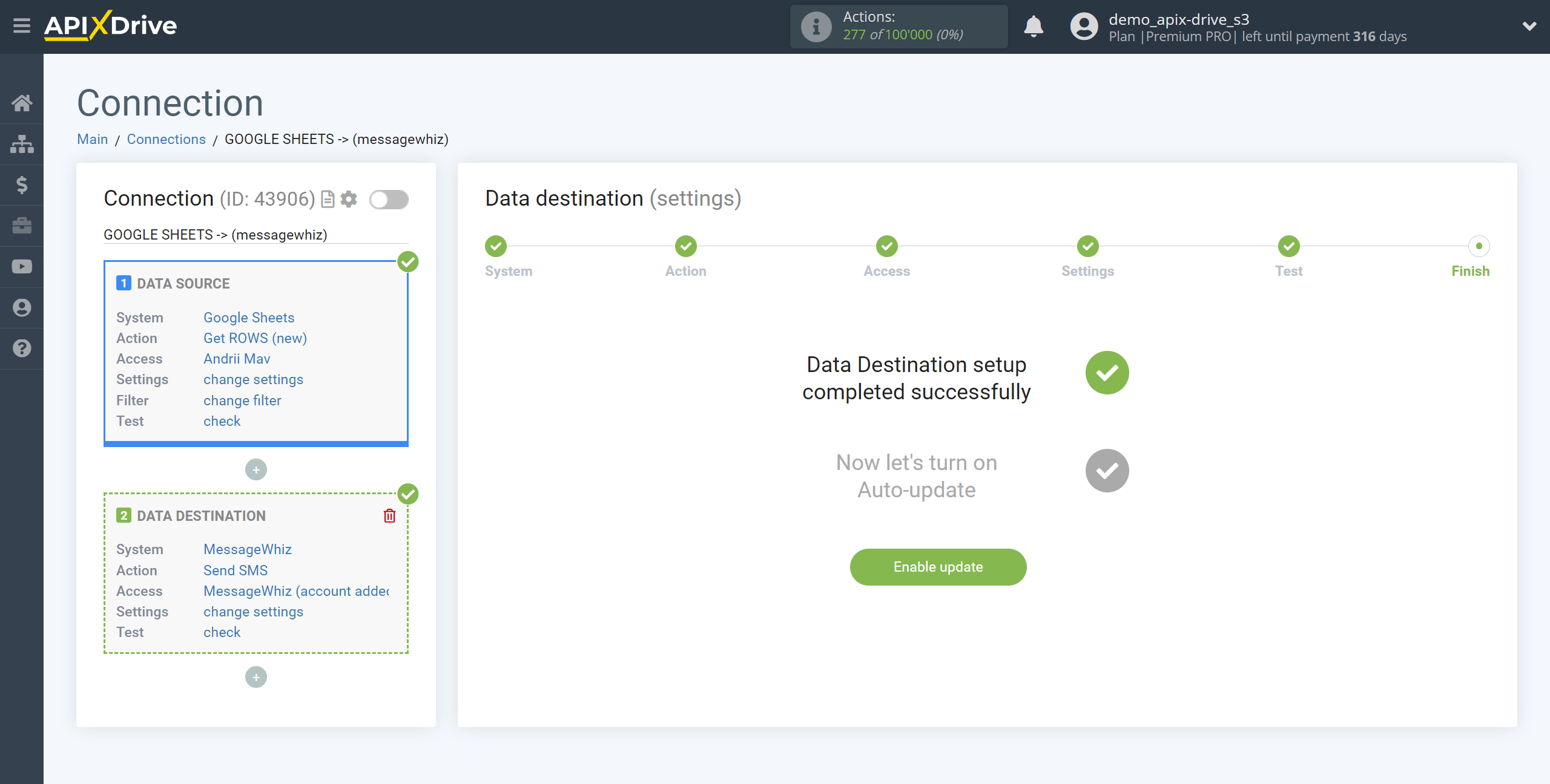 How to Connect MessageWhiz as Data Destination | Enable auto-update