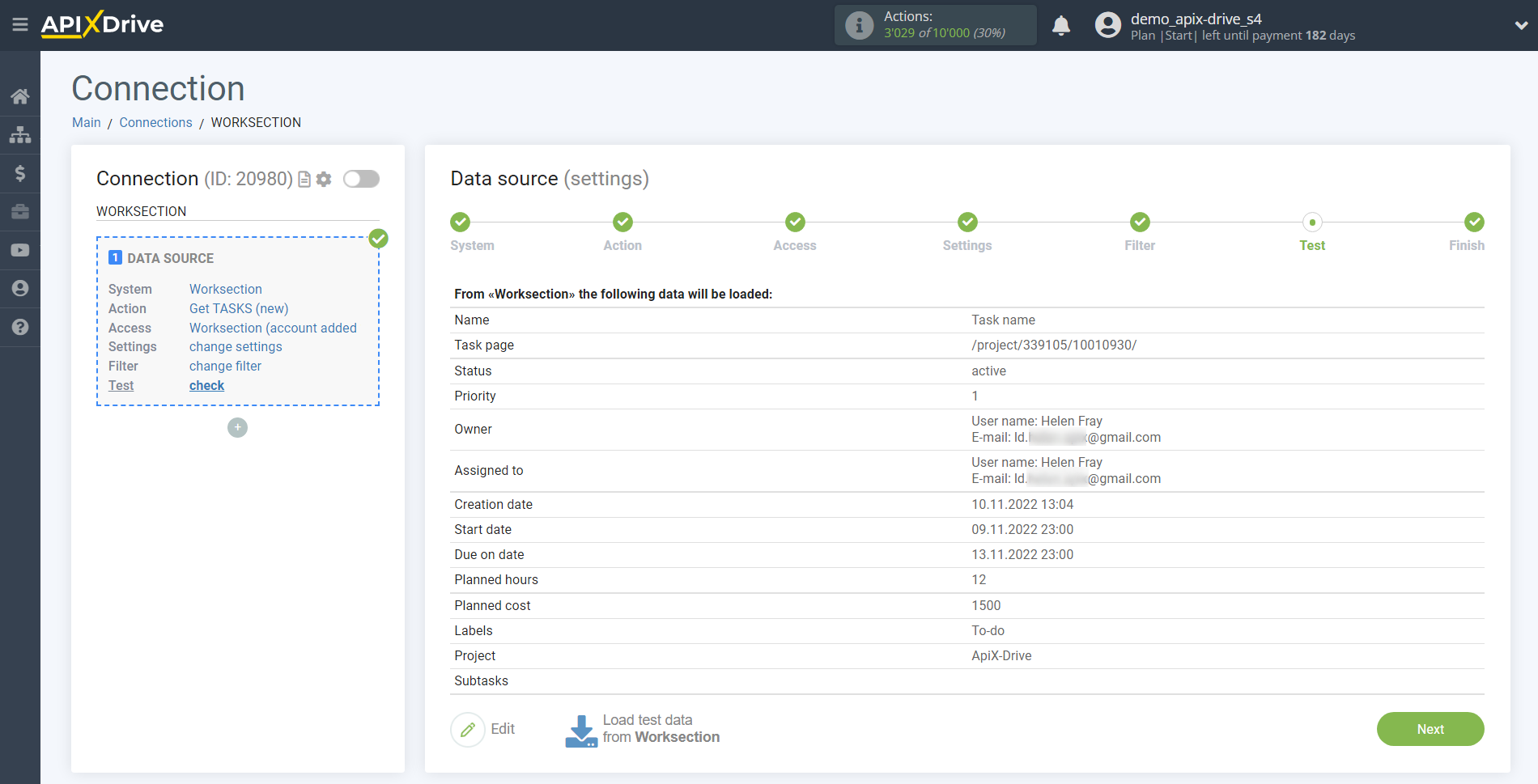 How to Connect Worksection as Data Source | Test data