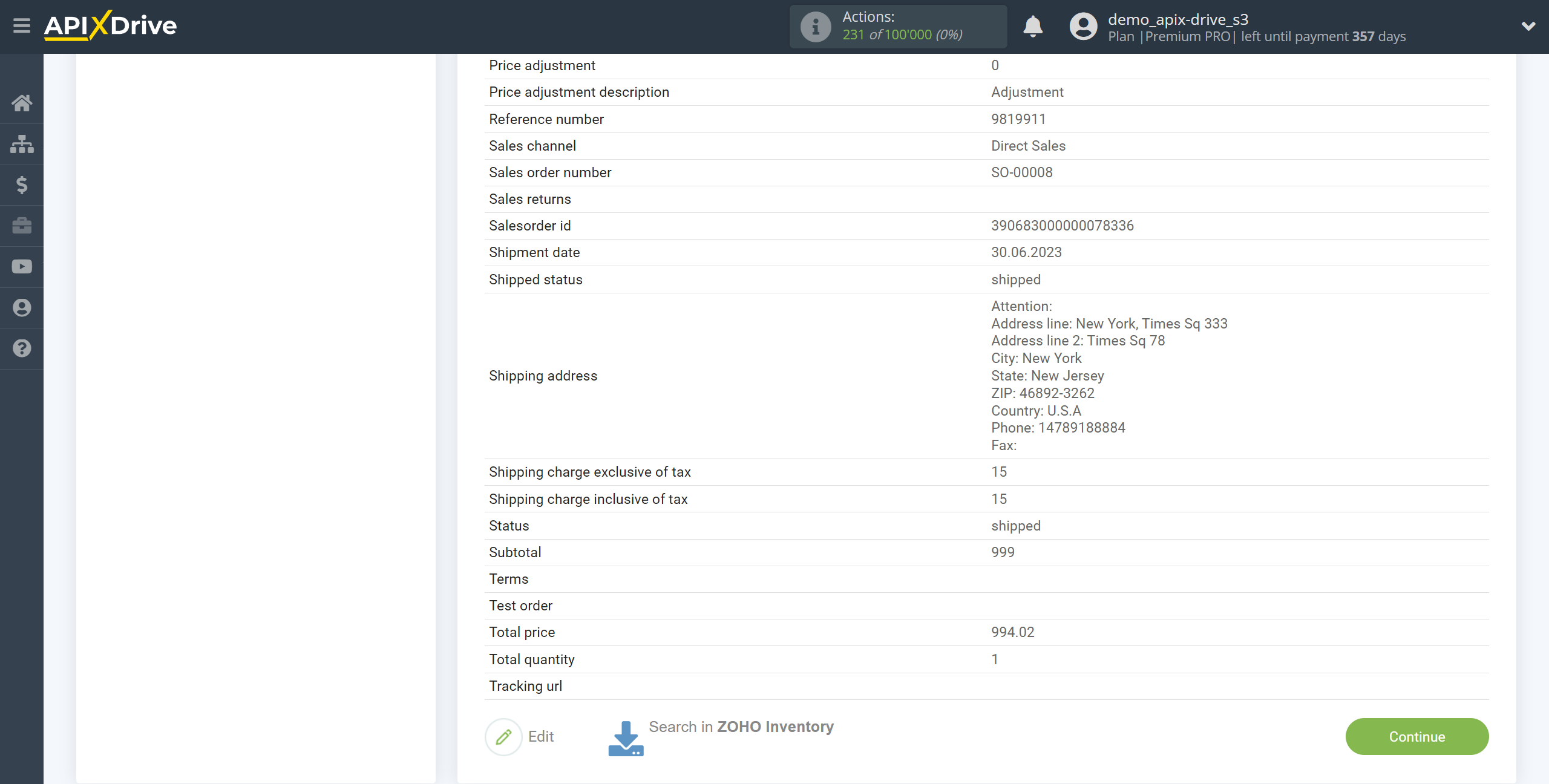 Setting up Zoho Inventory Sales Order Search in Google Sheets | Test data