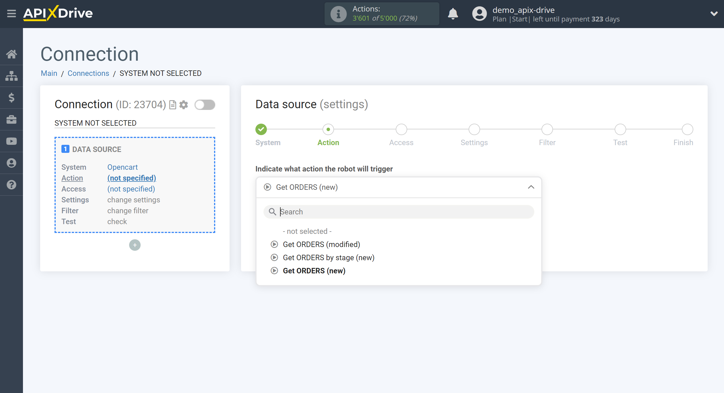 How to Connect Opencart as Data Source | Action selection