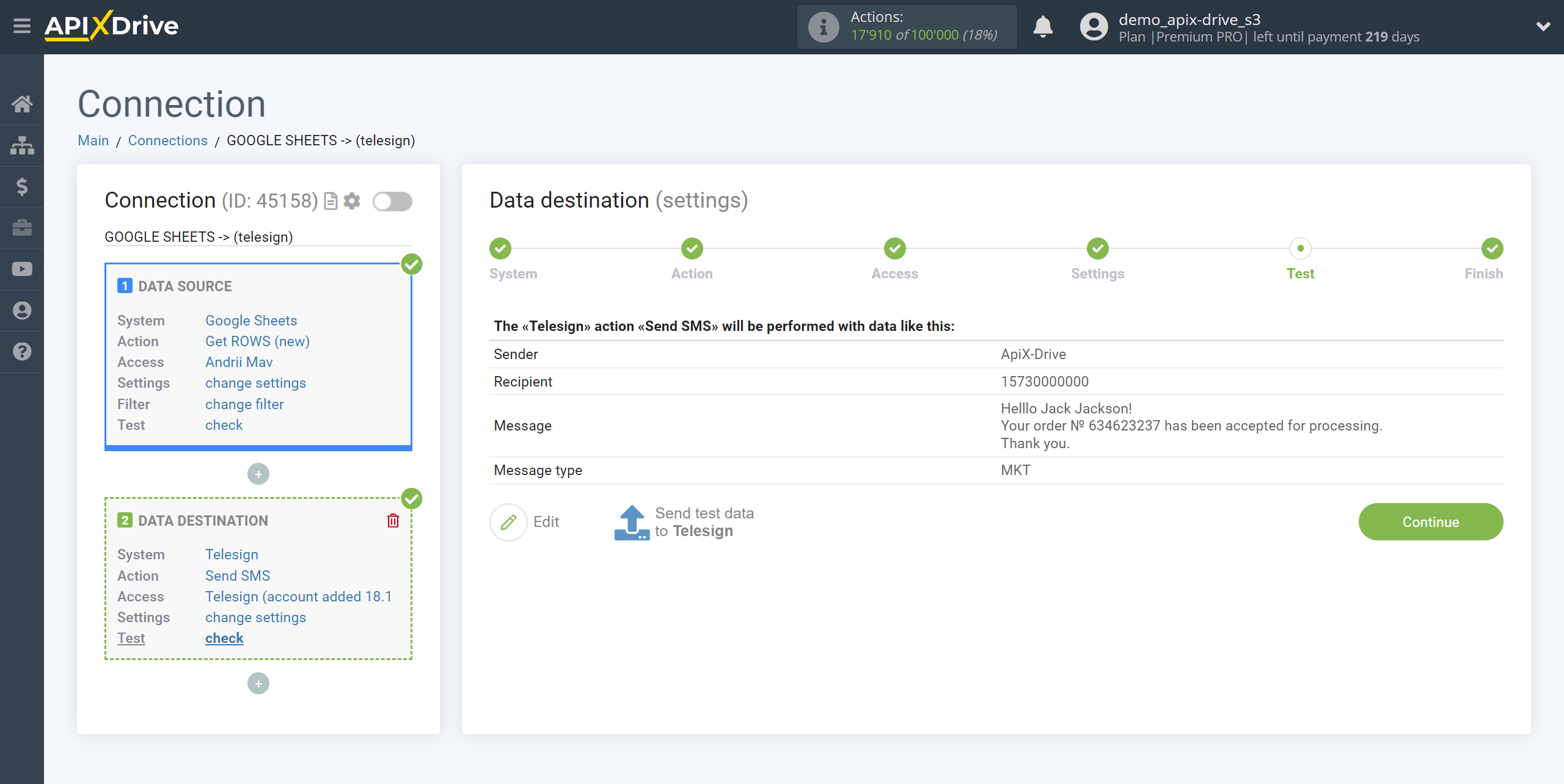 How to Connect Telesign as Data Destination | Test data