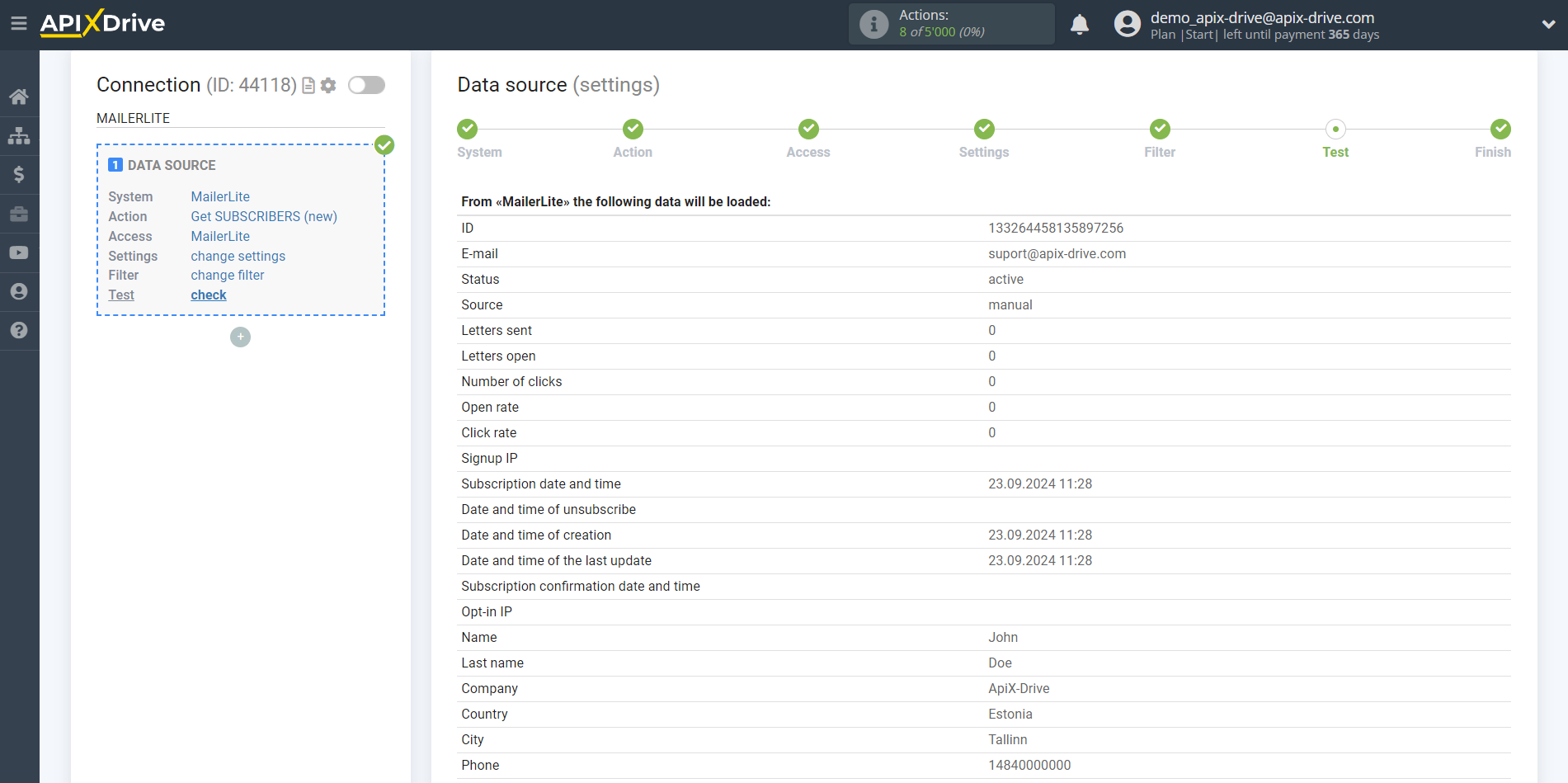 How to Connect MailerLite as Data Source | Test data