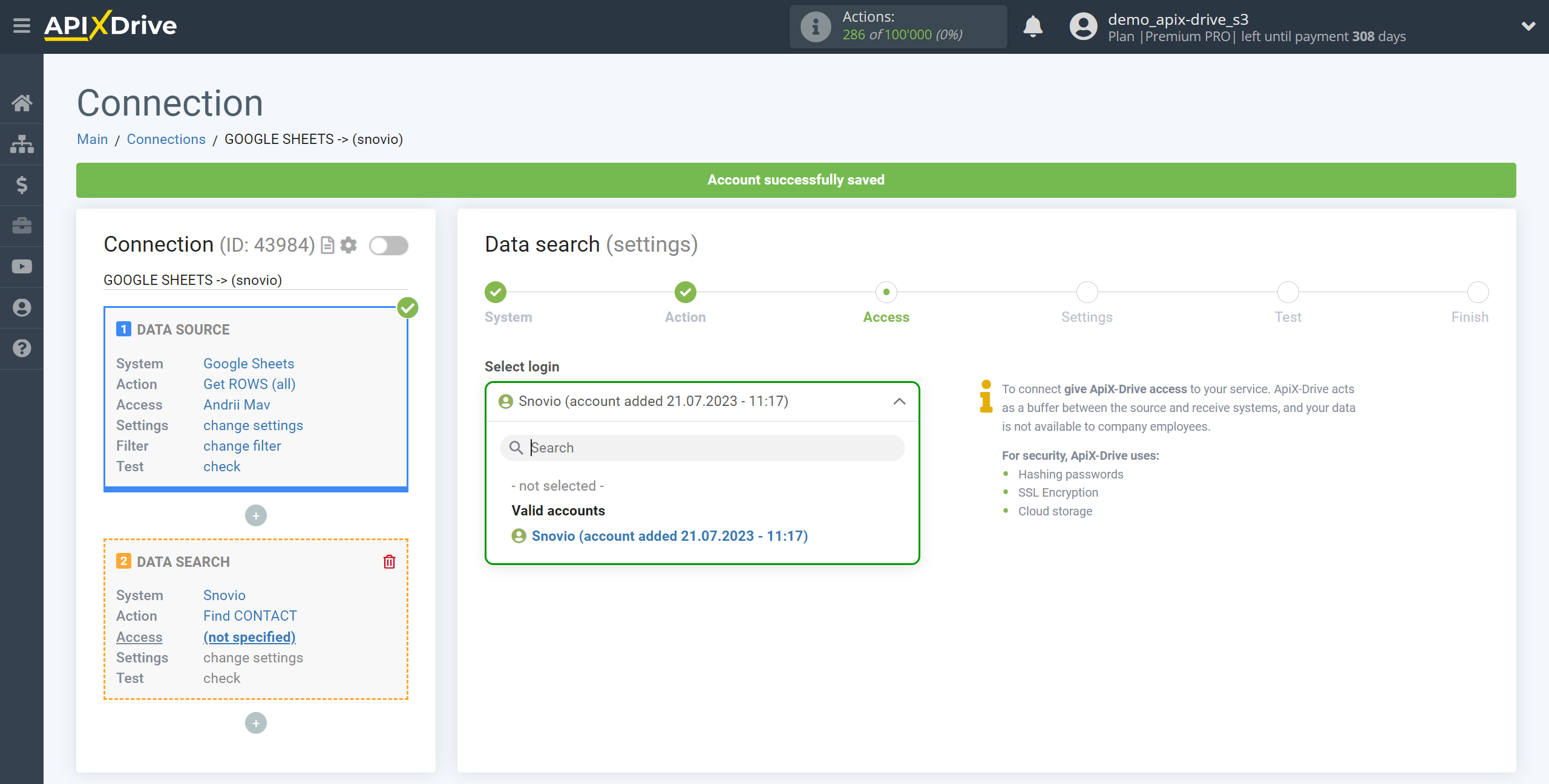 Setting up Snovio Contact Search in Google Sheets | Selecting a Search account