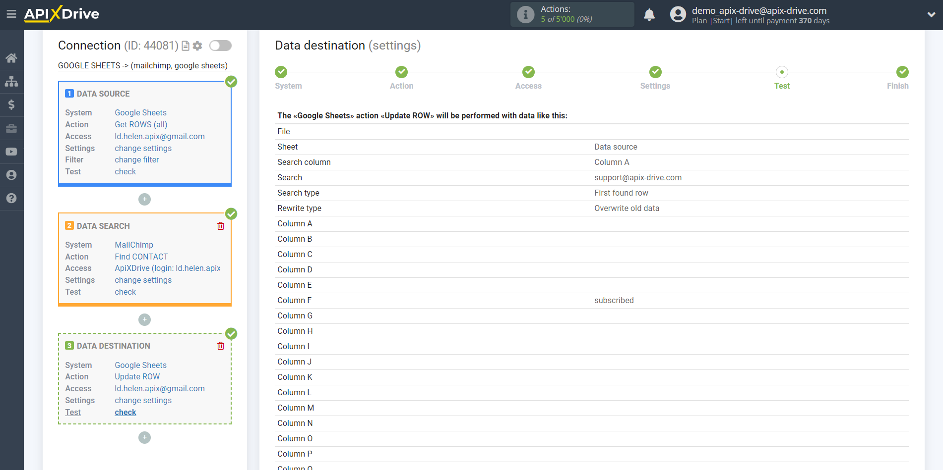 Setting up MailChimp Contact Search in Google Sheets | Test data