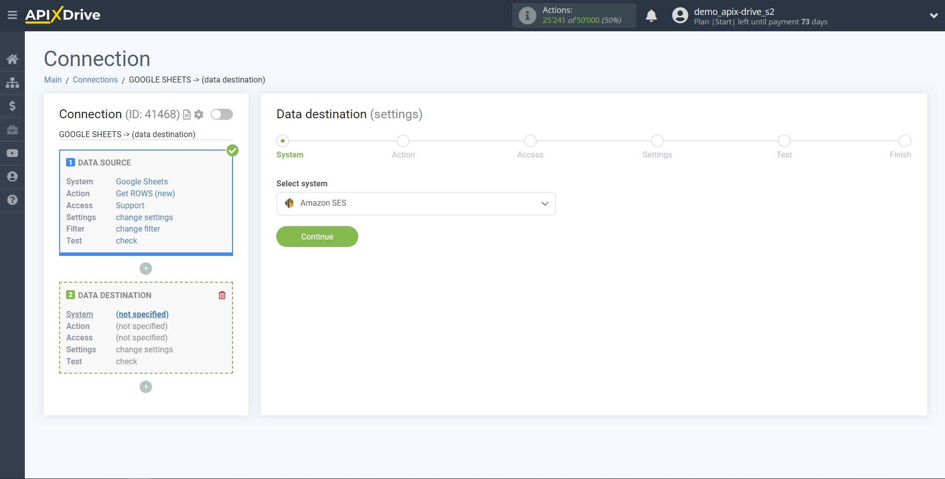 How to Connect Amazon SES as Data Destination | System selection