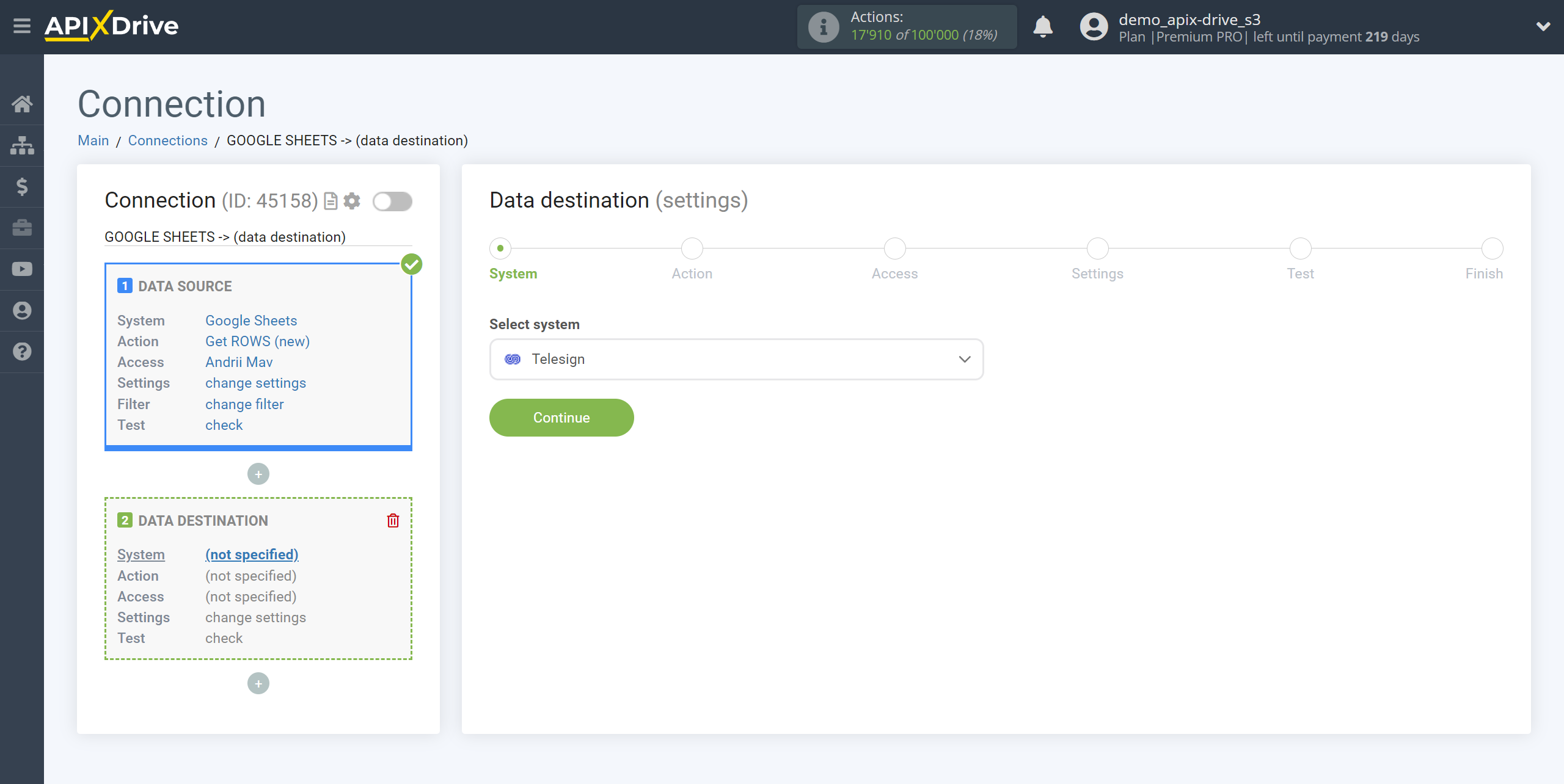 How to Connect Telesign as Data Destination | System selection