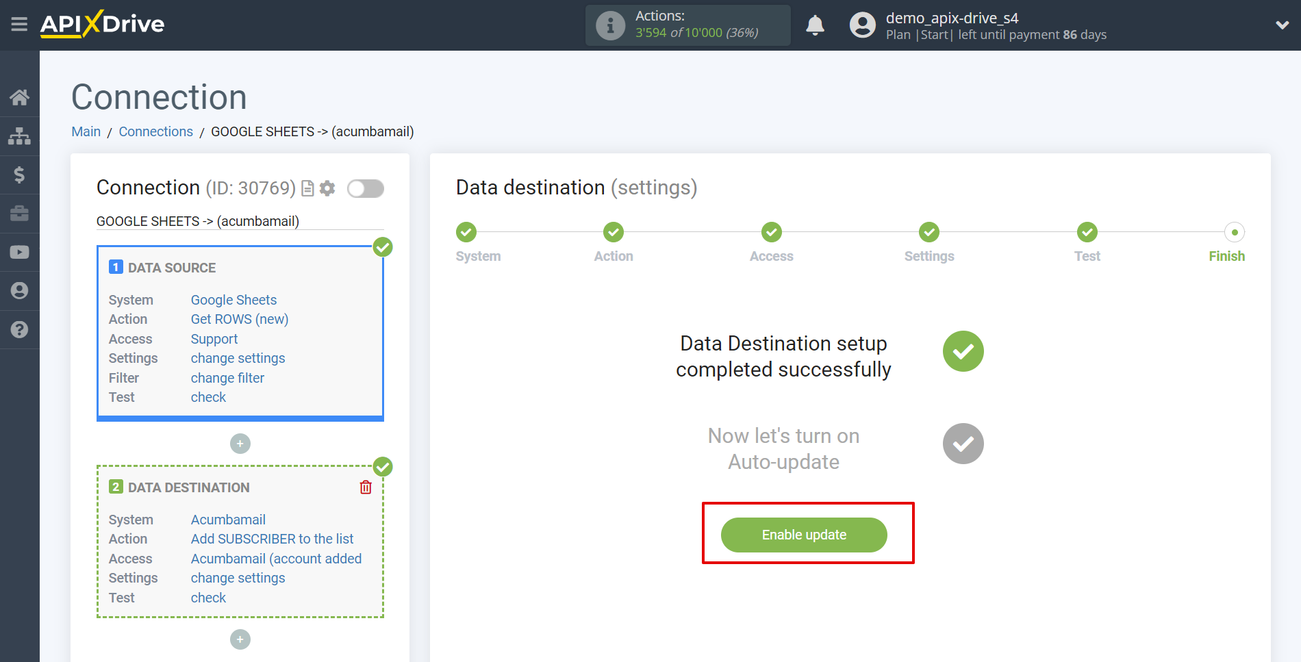 How to Connect Acumbamail as Data Destination | Enable auto-update