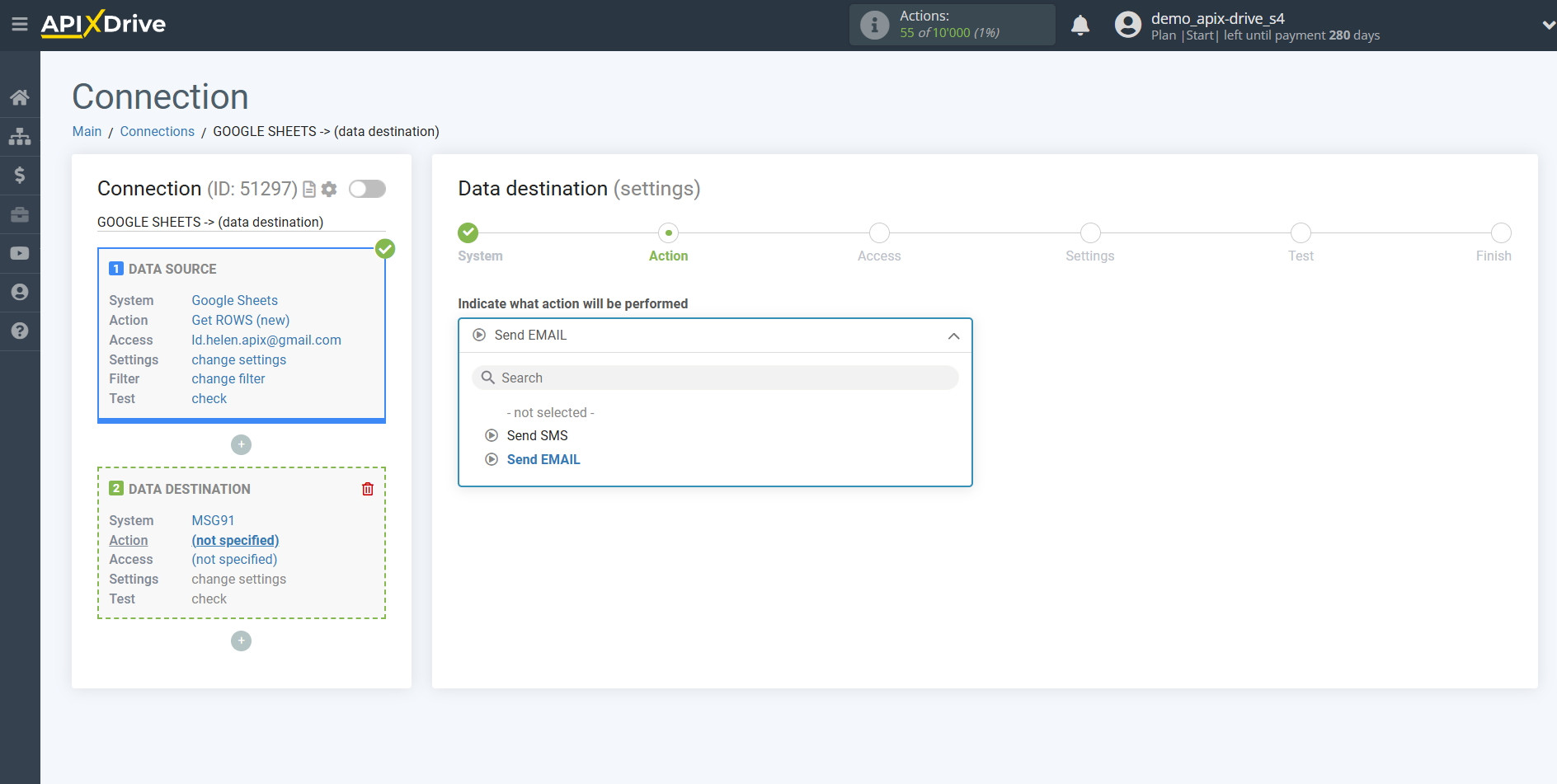 How to Connect MSG91 as Data Destination | Action selection