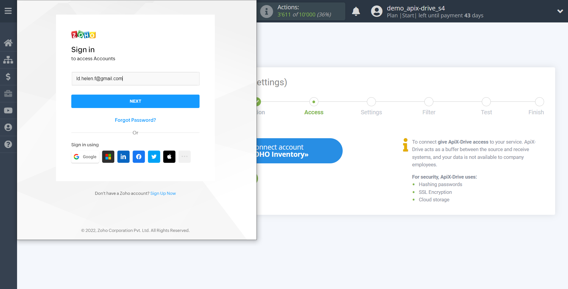 How to Connect Zoho Inventory as Data Source | Enter data for authorization