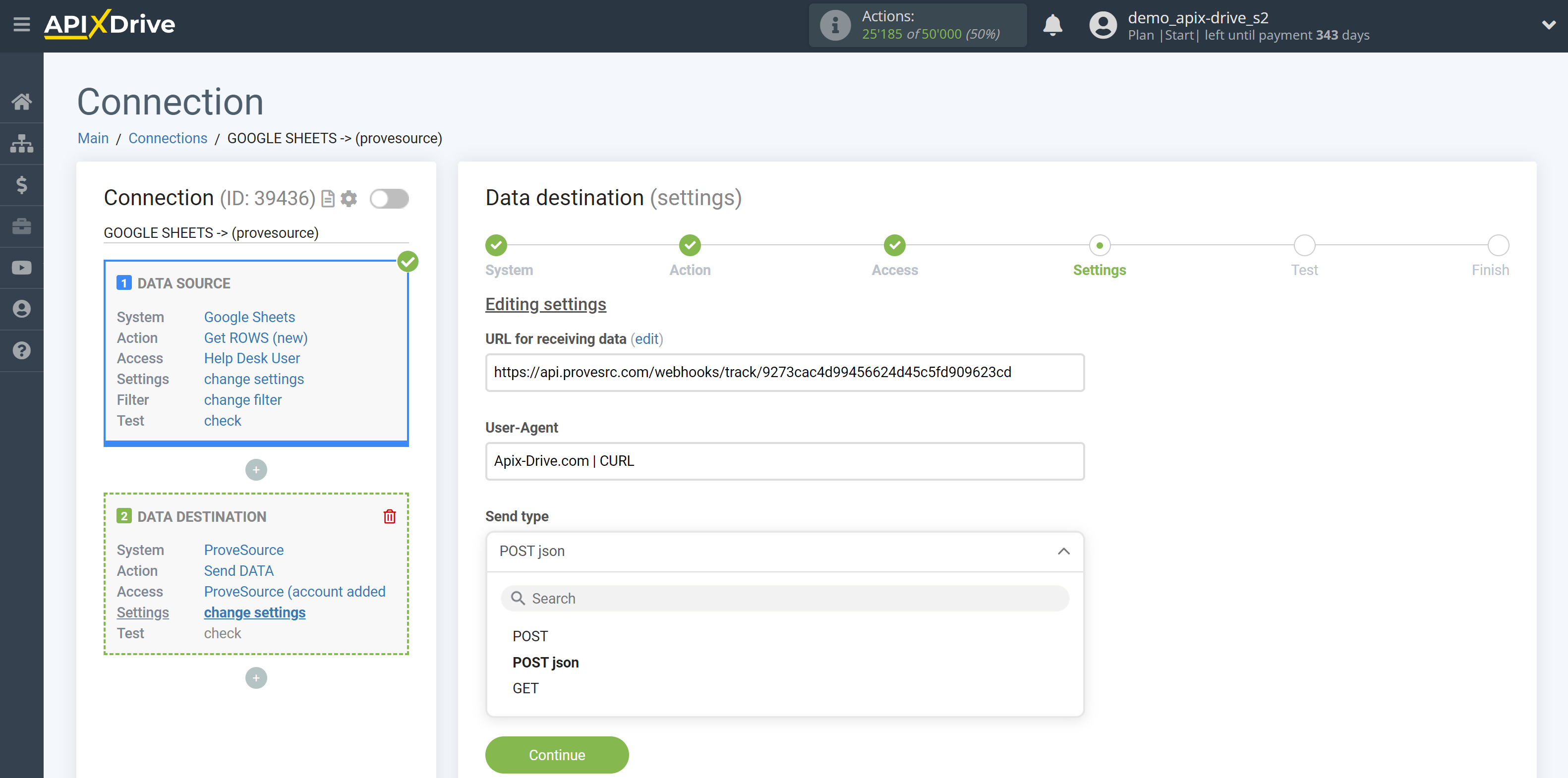 How to Connect ProveSource as Data Destination |&nbsp;Send type selection