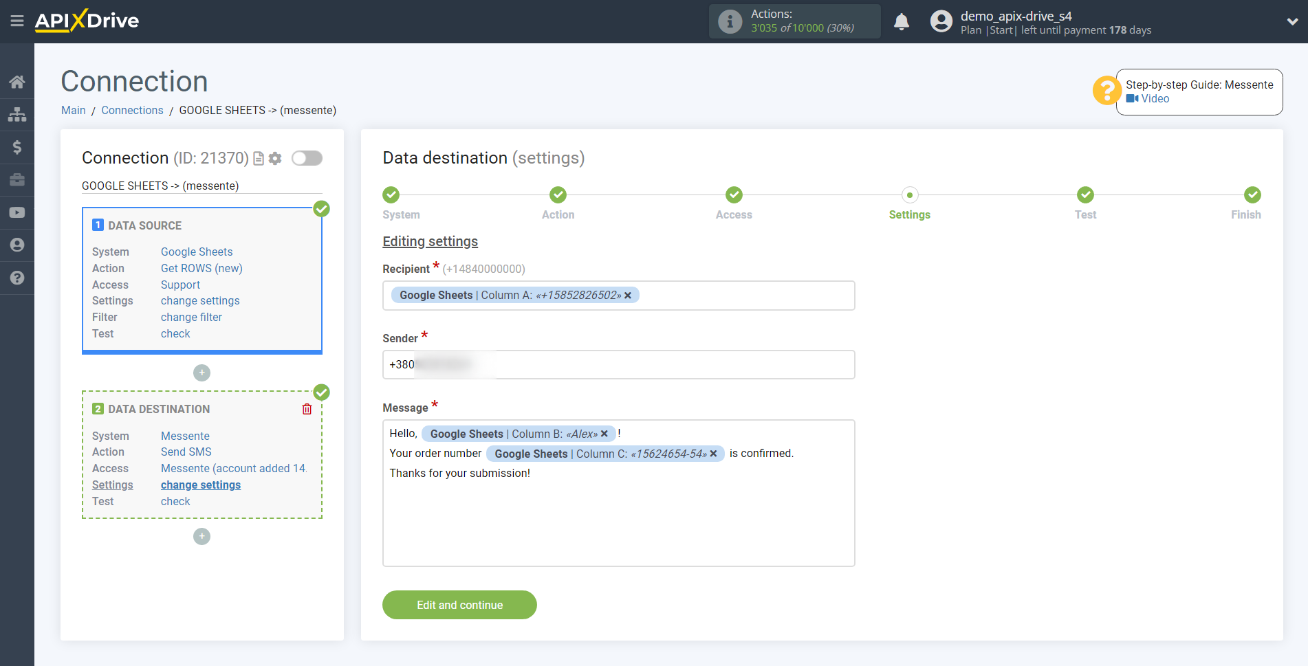 How to Connect Messente as Data Destination | Assigning fields