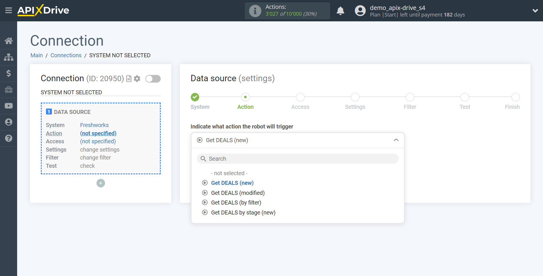 How to Connect Freshworks as Data Source | Action selection