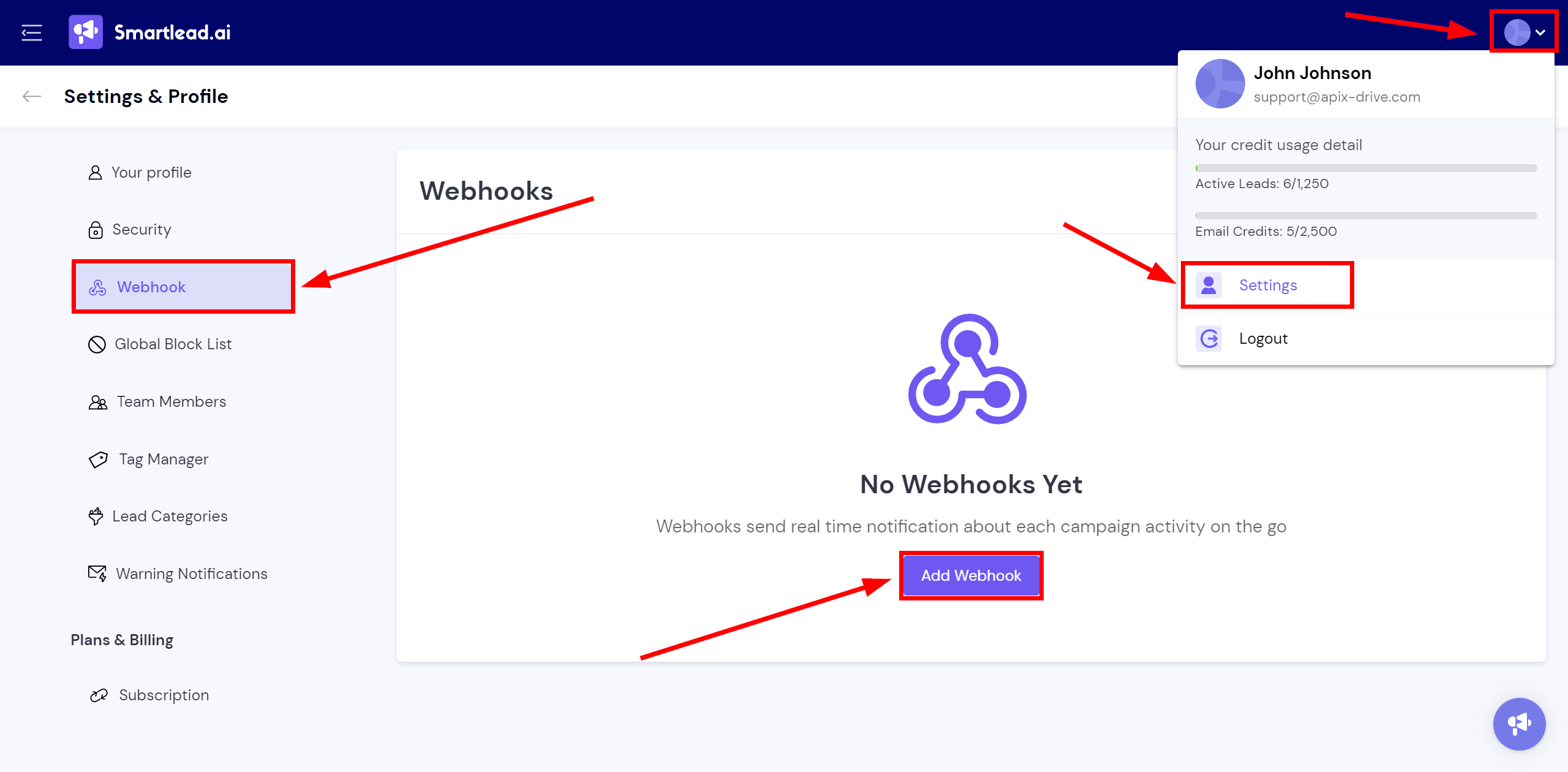 How to Connect Smartlead as Data Source | Go to Webhook Settings