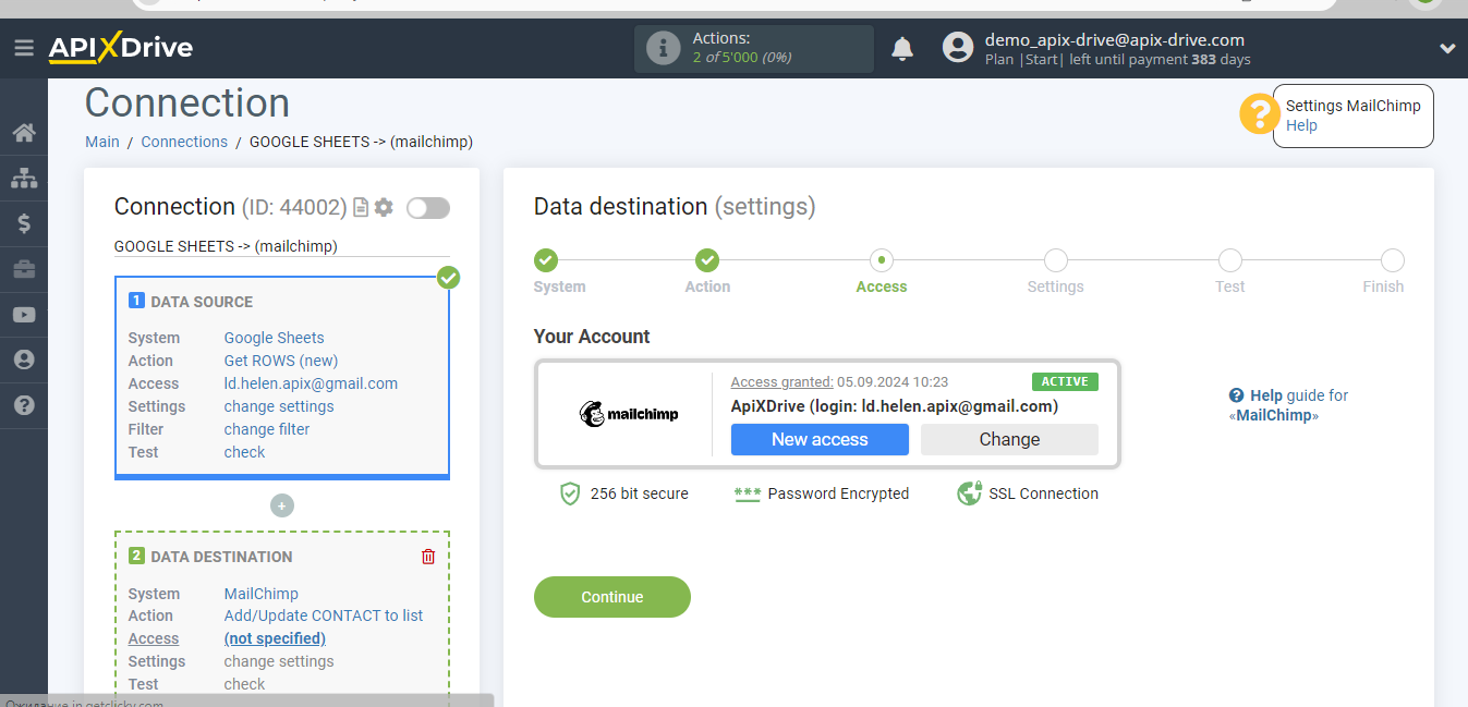 How to Connect MailChimp as Data Destination | Account connection