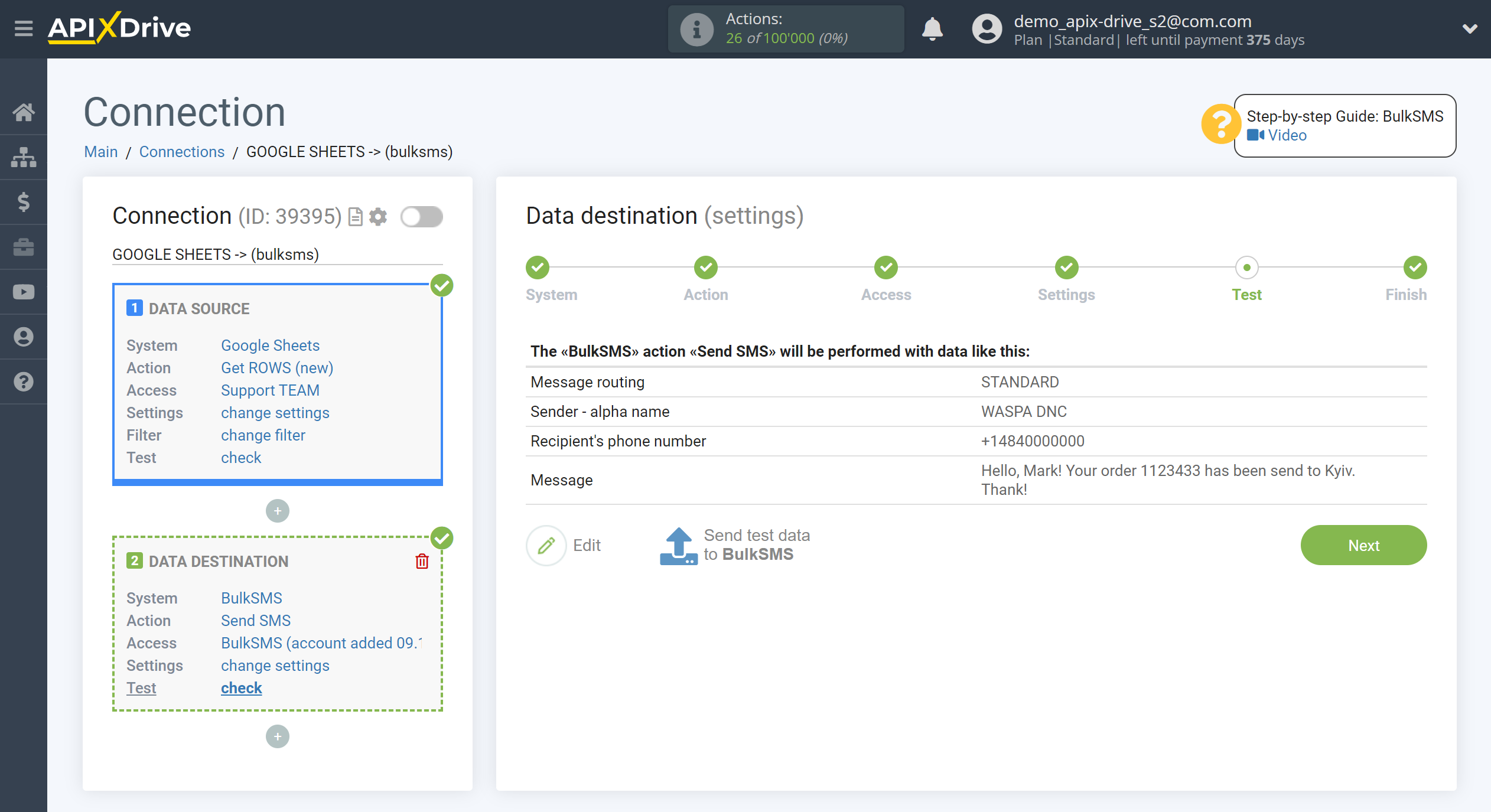 How to Connect BulkSMS as Data Destination | Test data