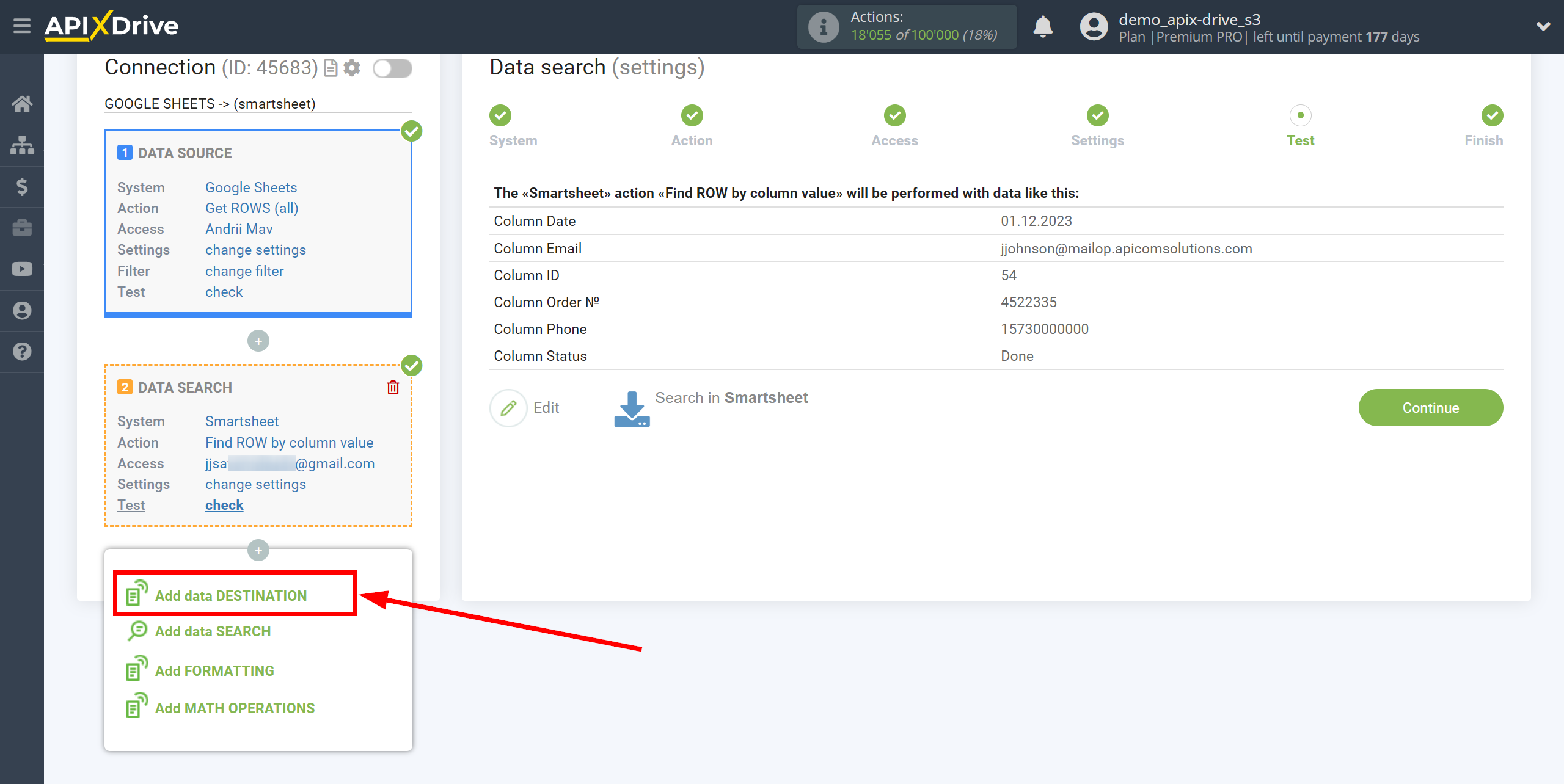 Setting Smartsheet Rows Search in Google Sheets | Setup Data Destination system