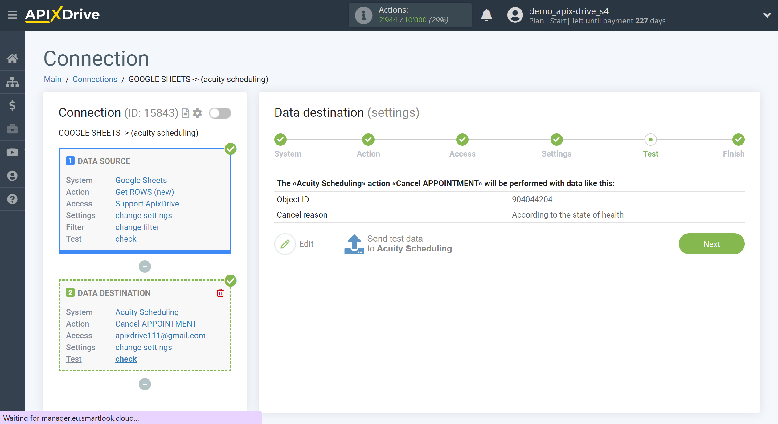 How to Connect Acuity Scheduling as Data Destination | Test data