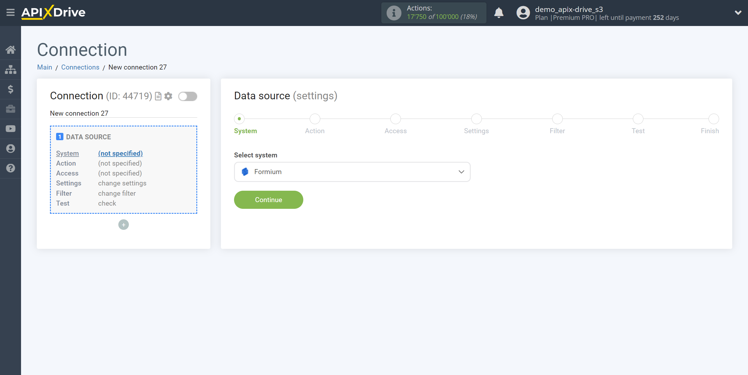 How to Connect Formium as Data Source | System selection