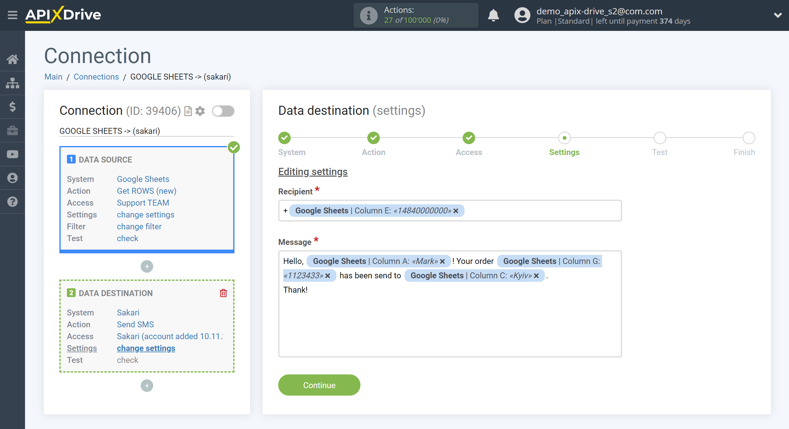 How to Connect Sakari as Data Destination | Assigning fields