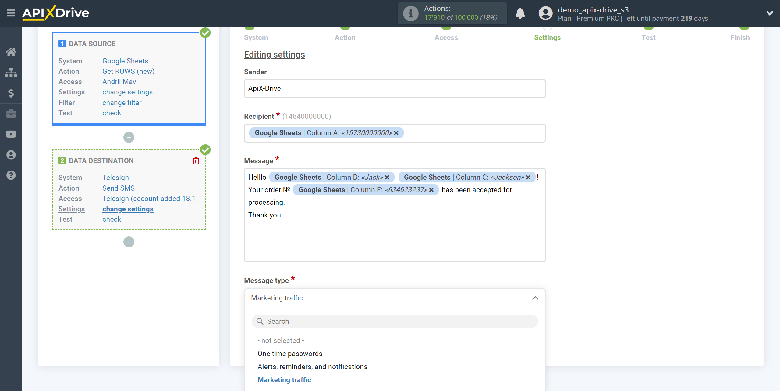 How to Connect Telesign as Data Destination | Assigning fields