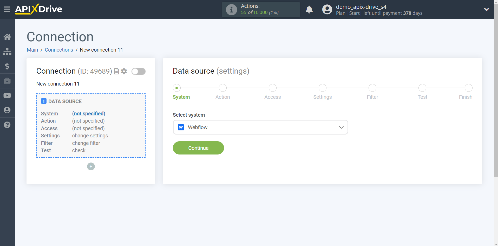 How to Connect Webflow as Data Source | System selection