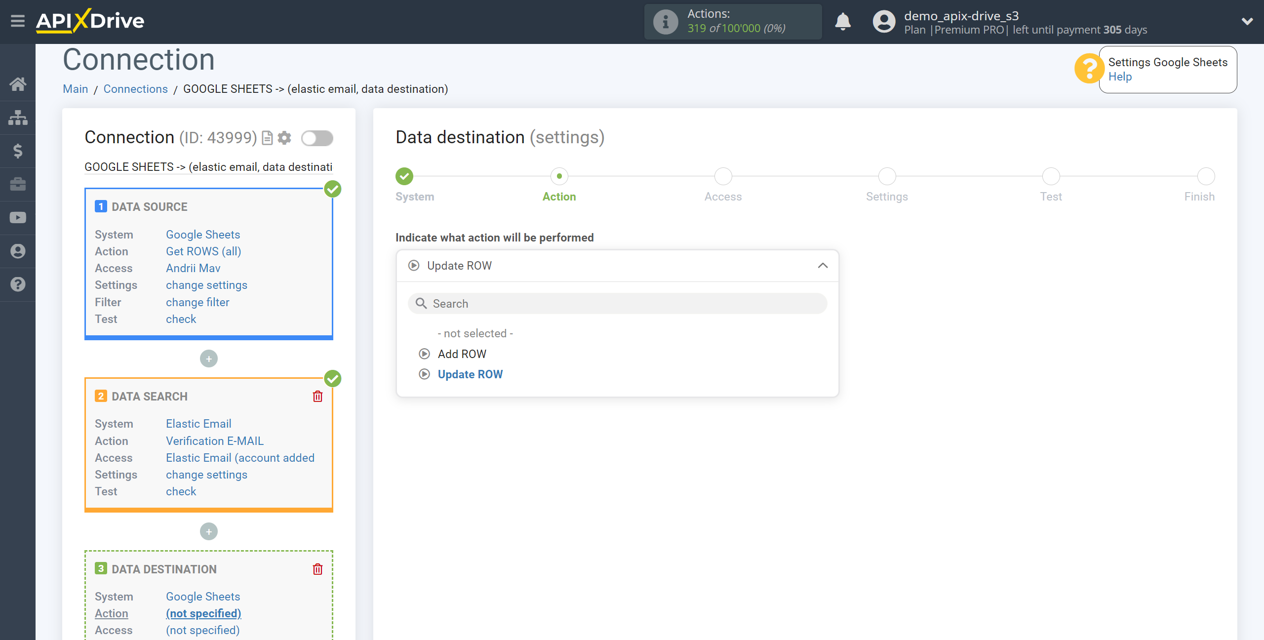 Setting Search to Verification E-MAIL Elastic Email in Google Sheets | Action selection