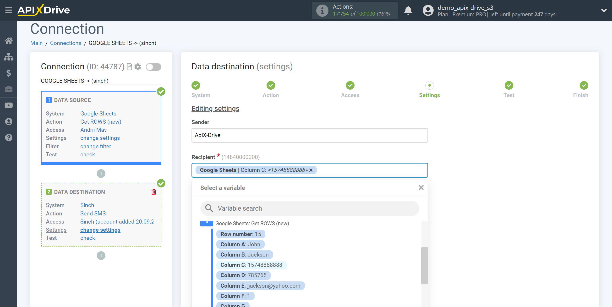 How to Connect Sinch as Data Destination | Assigning fields