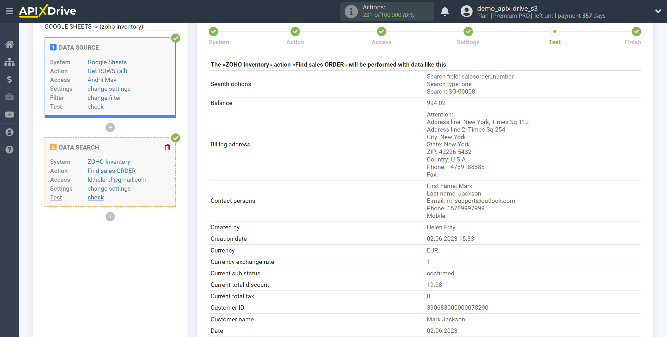 Setting up Zoho Inventory Sales Order Search in Google Sheets | Test data