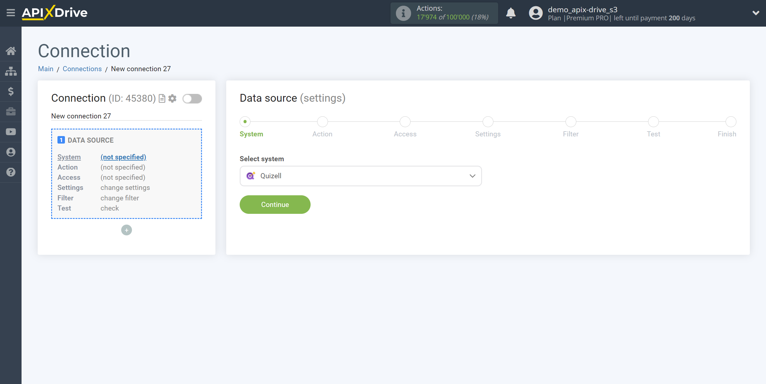 How to Connect Quizell as Data Source | System selection