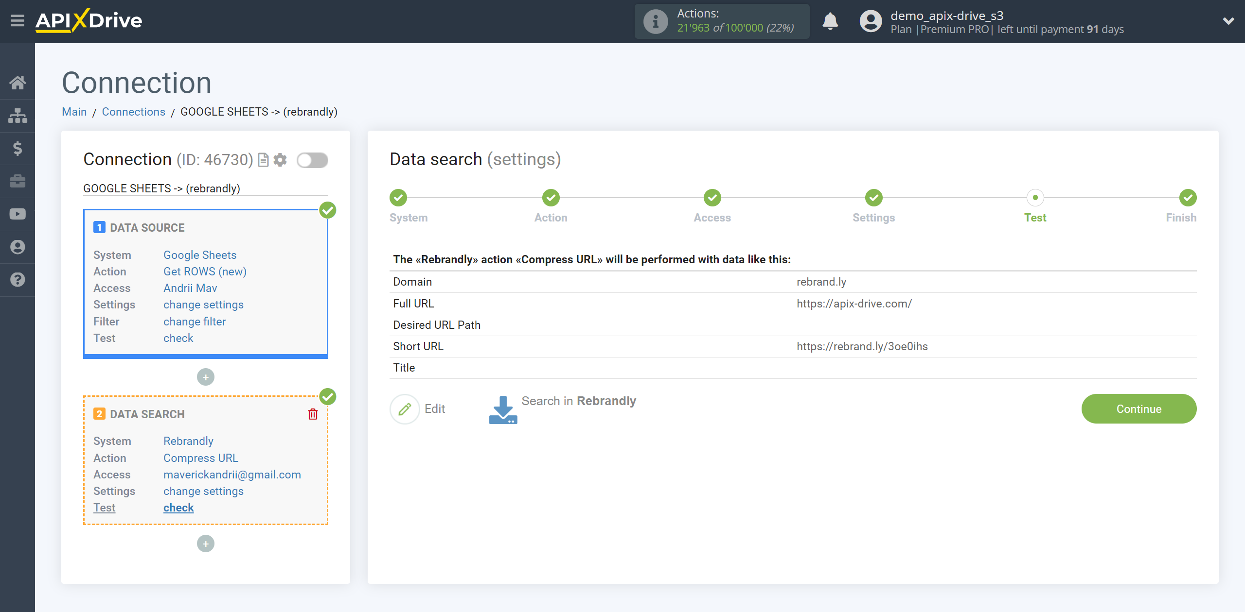 Setting up Rebrandly Data Search in Google Sheets | Test data