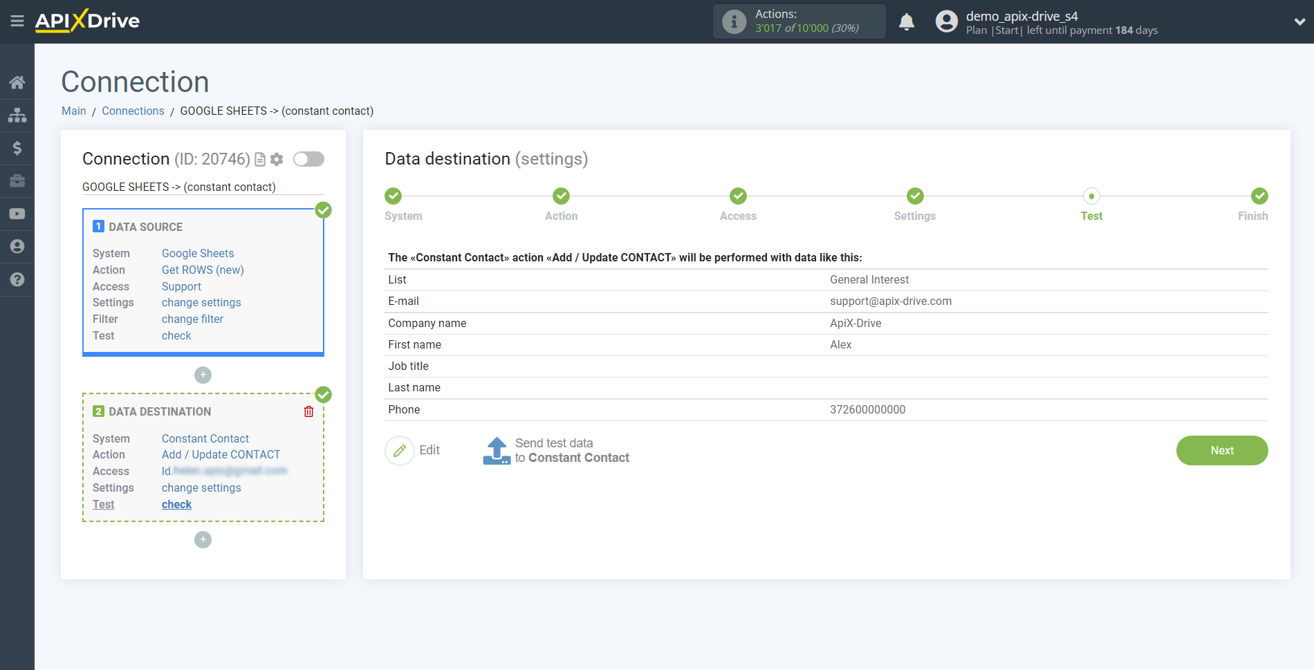 How to Connect Constant Contact as Data Destination | Test data