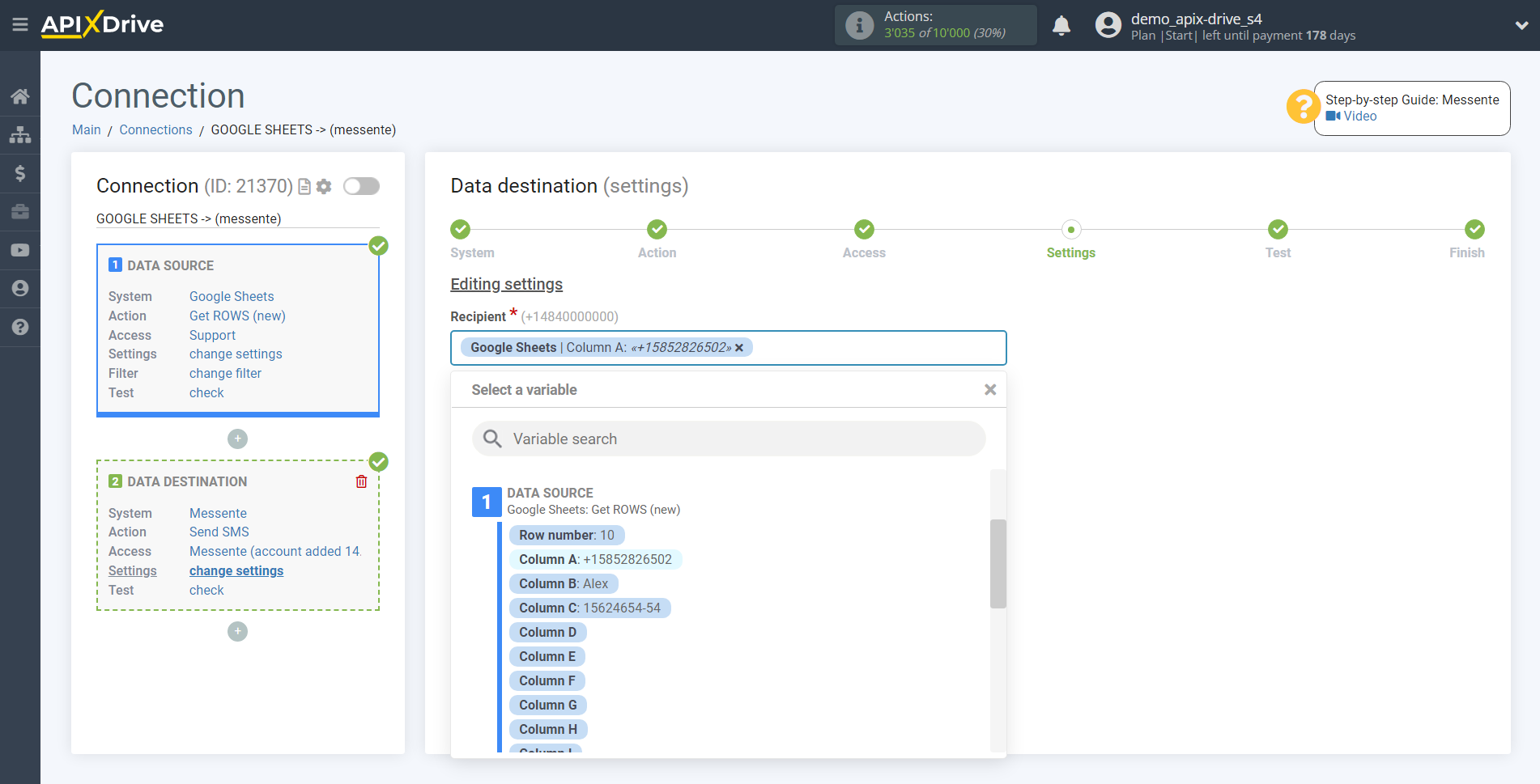 How to Connect Messente as Data Destination | Assigning fields