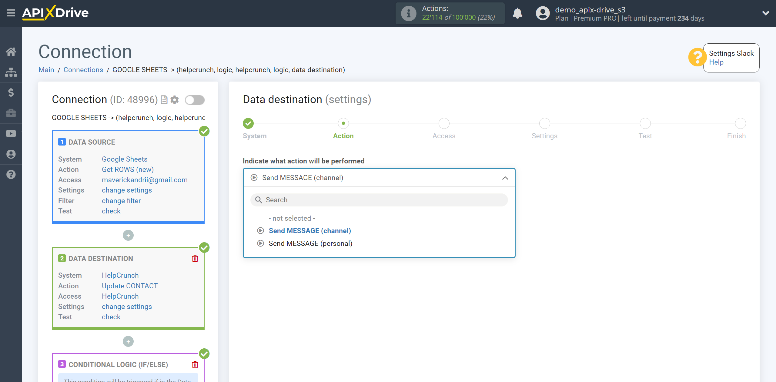 How to setup HelpCrunch Update Contact / Create Contact | Action selection in the Data Destination