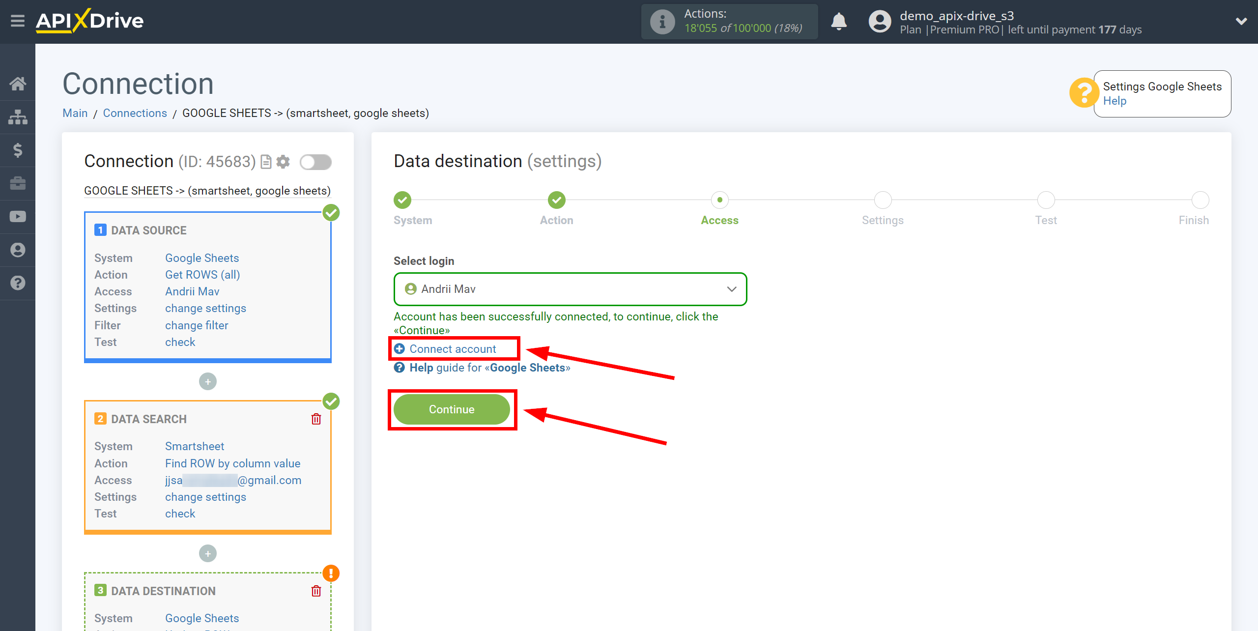 Setting Smartsheet Rows Search in Google Sheets | Account selection