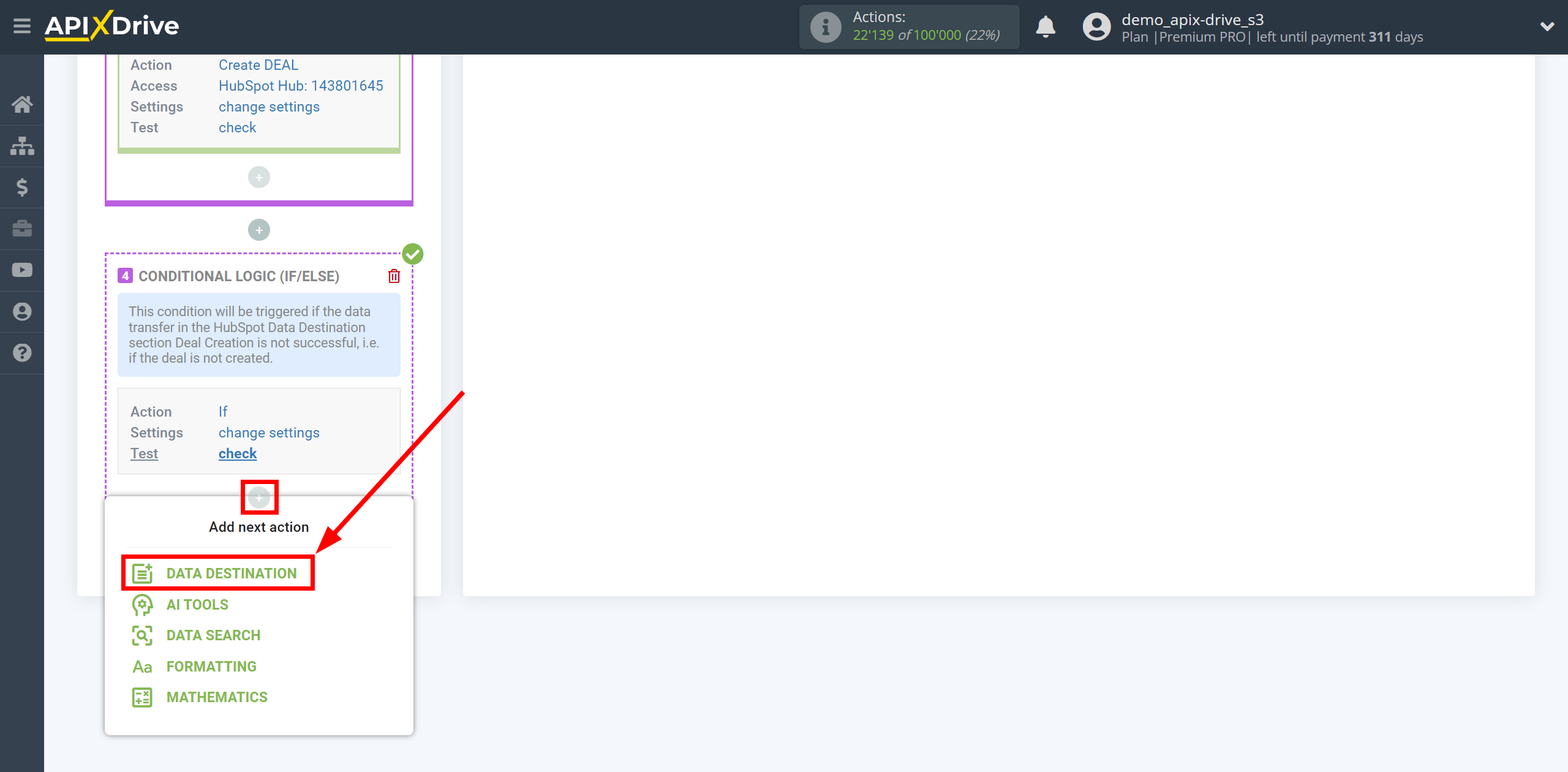 How to setup HubSpot Update Deal / Create Deal | Start setting up Slack Data Destination inside the Logic section