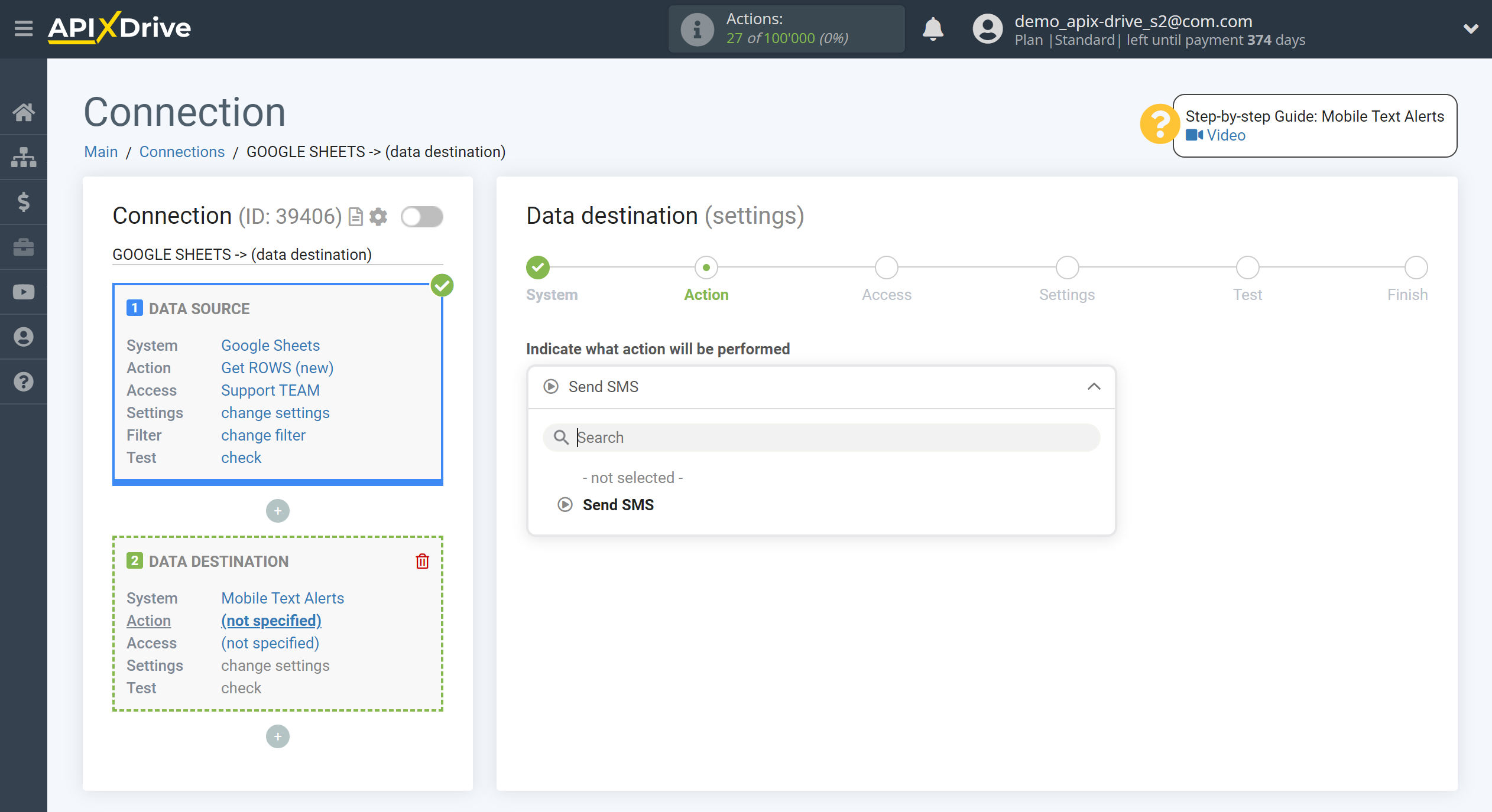 How to Connect Mobile Text Alerts as Data Destination | Action selection