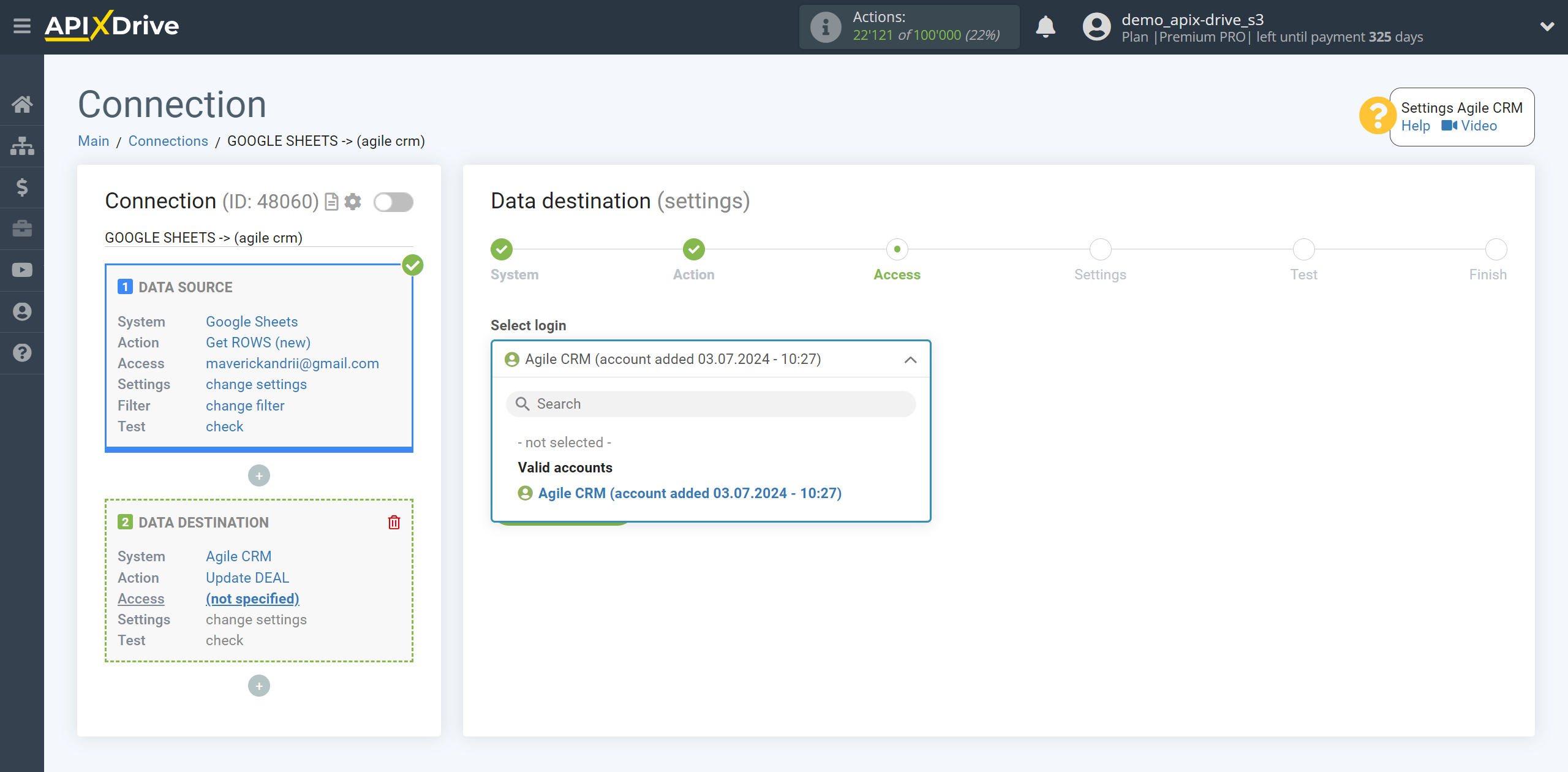 How to setup AgileCRM Update Deal / Create Deal | Account selection