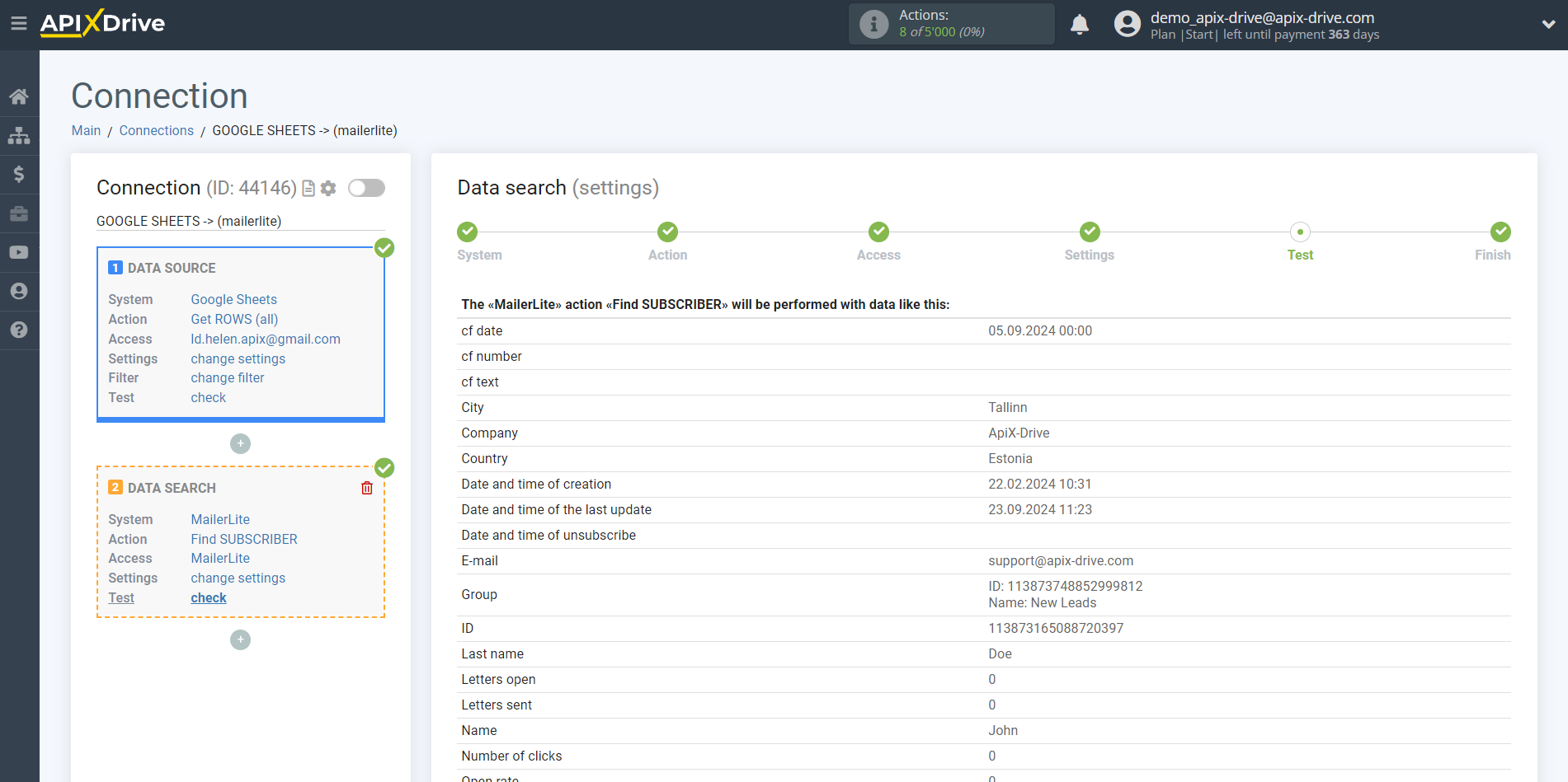 Setting up MailerLite Subscriber Search in Google Sheets | Test data